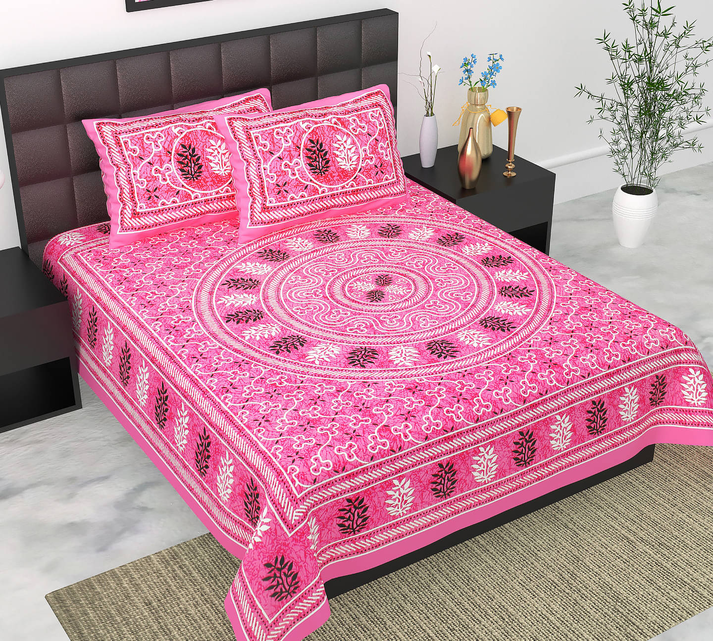     			Navkaar Creation Cotton 1 Double Bedsheet with 2 Pillow Covers ( Pink )
