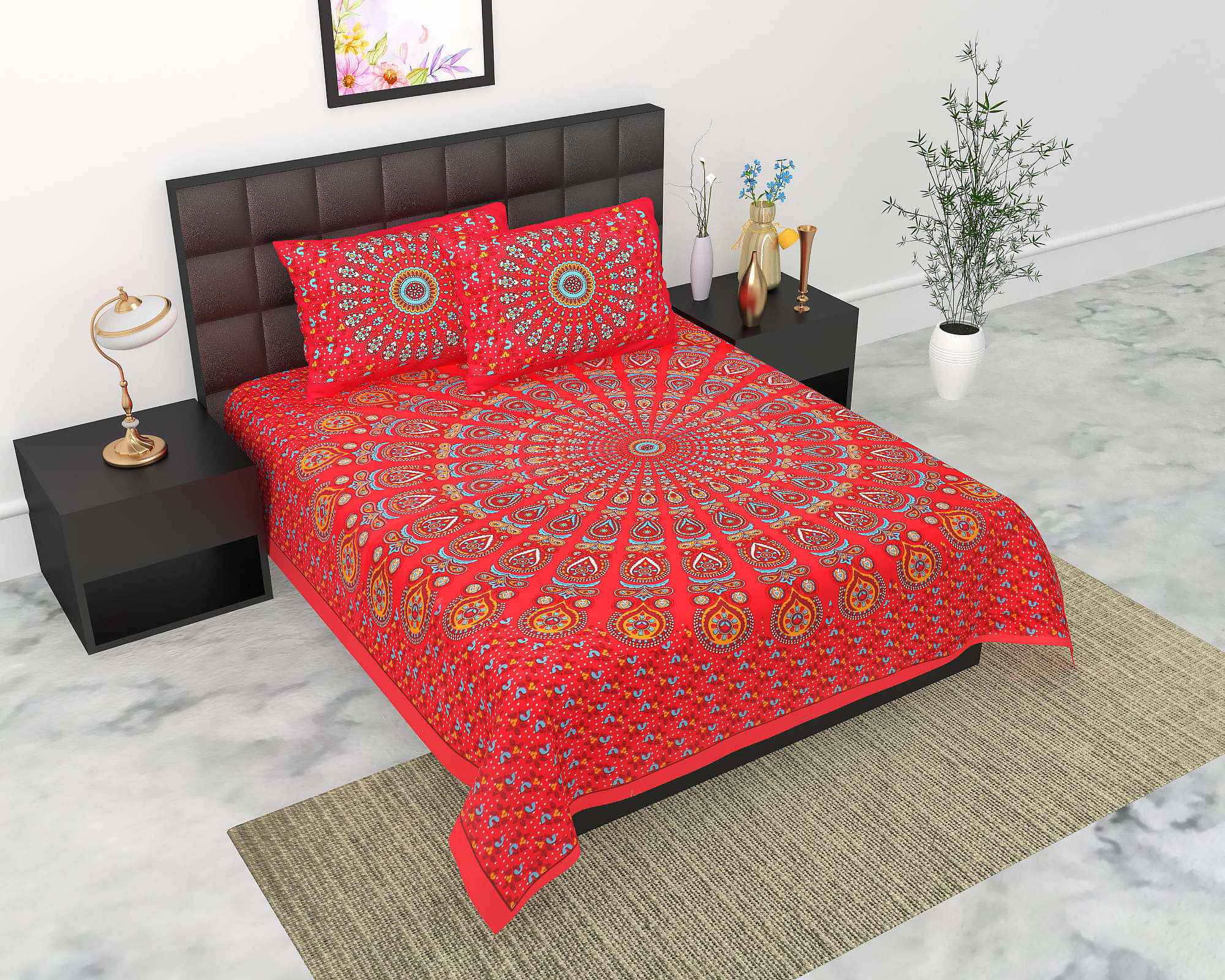     			Navkaar Creation Cotton 1 Double Bedsheet with 2 Pillow Covers ( Red )