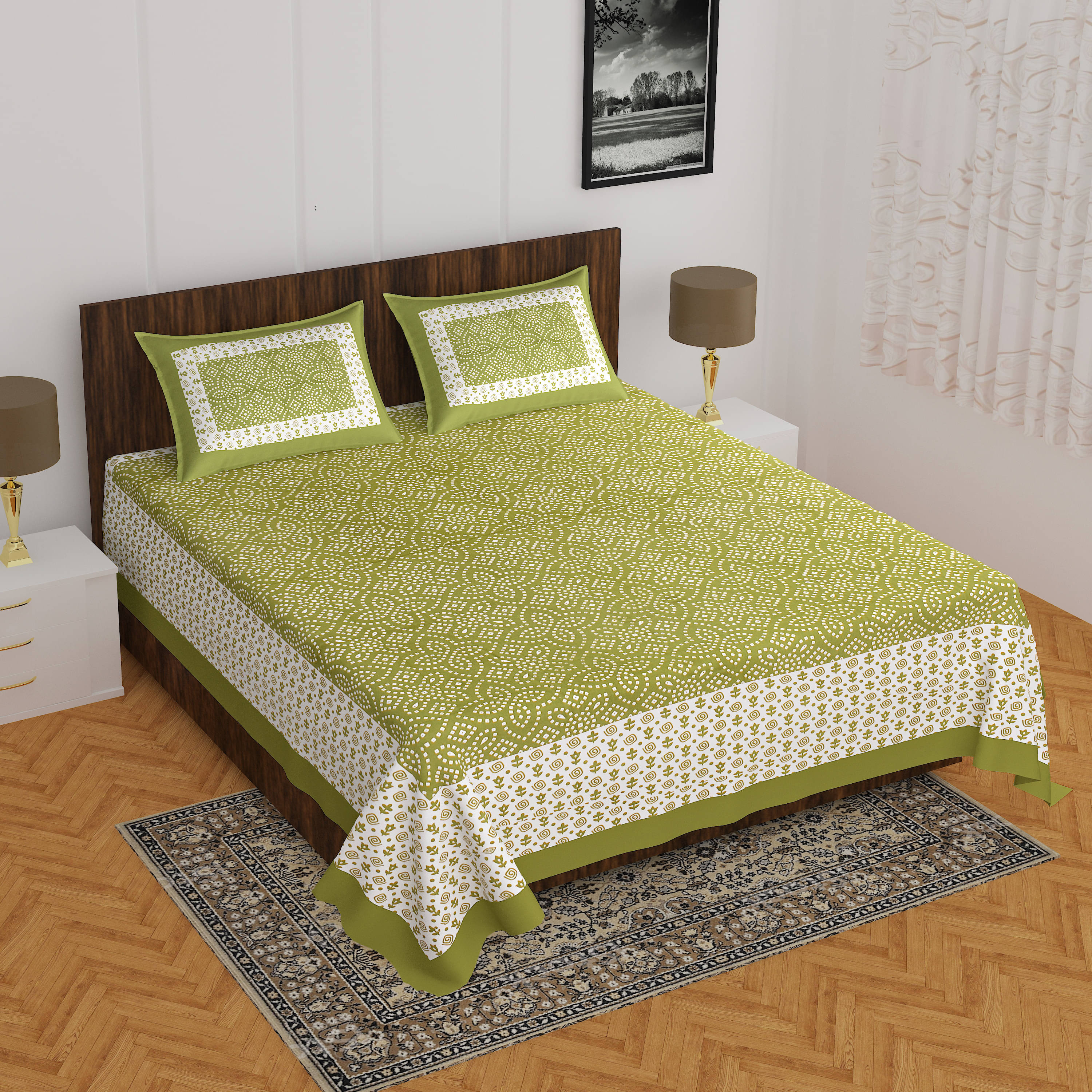     			Navkaar Creation Cotton 1 Double Bedsheet with 2 Pillow Covers ( Green )