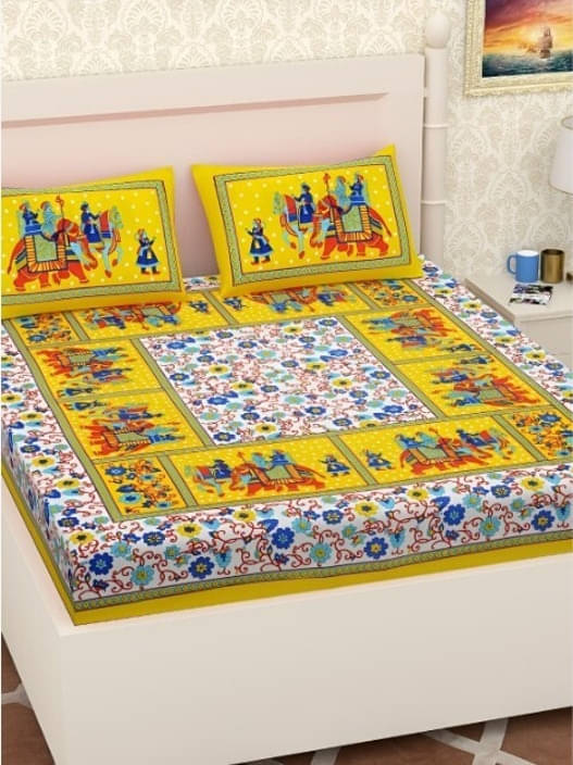     			Navkaar Creation Cotton 1 Double Bedsheet with 2 Pillow Covers ( Yellow )