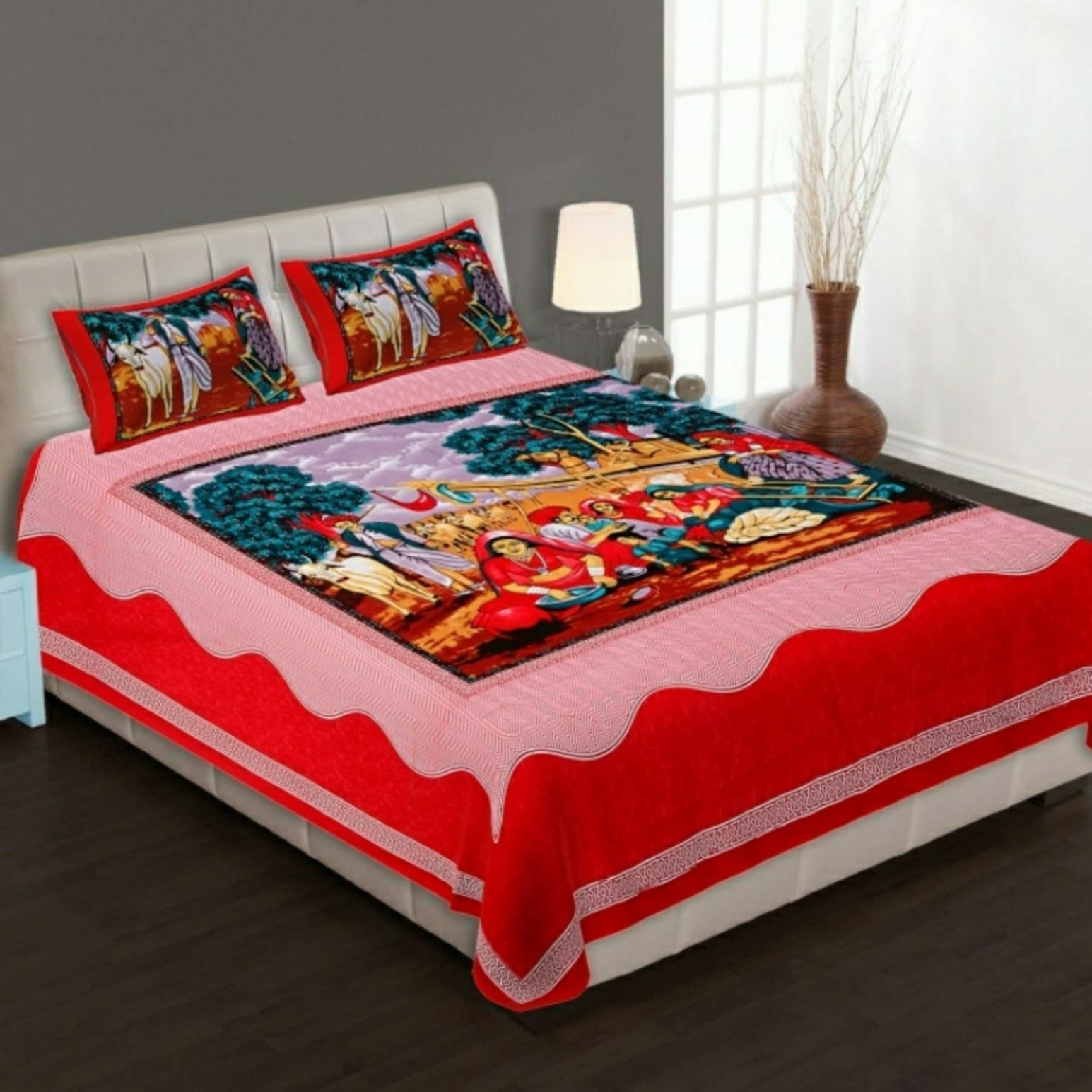     			Navkaar Creation Cotton 1 Double Bedsheet with 2 Pillow Covers ( Red )