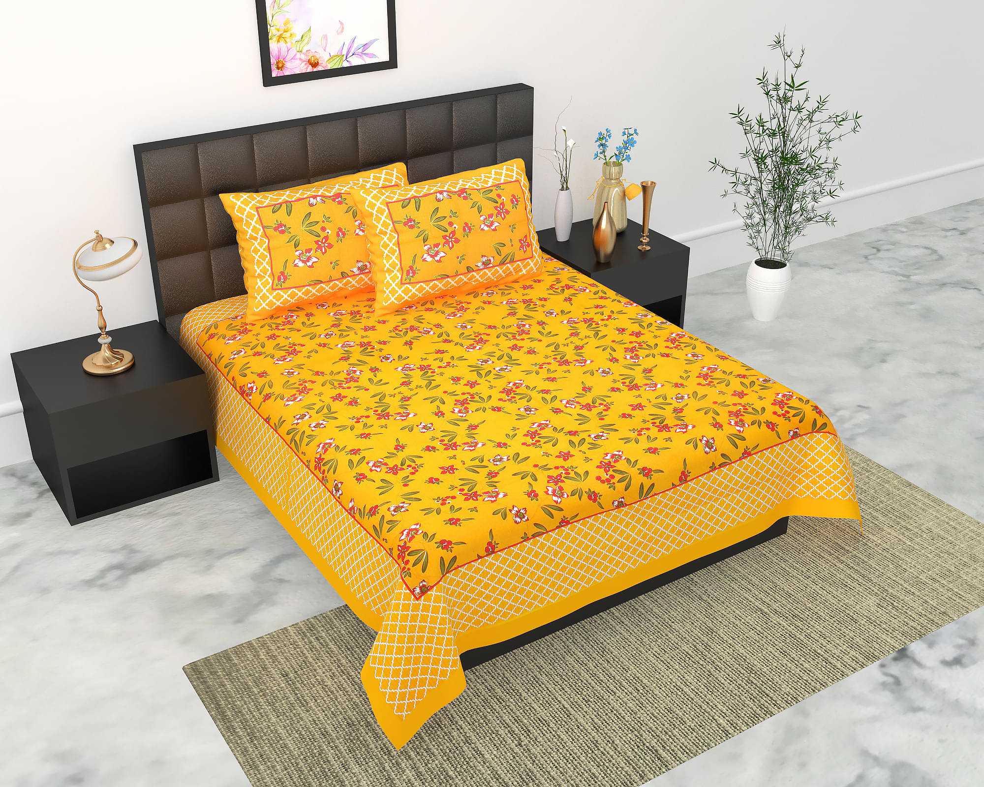     			Navkaar Creation Cotton 1 Double Bedsheet with 2 Pillow Covers ( Yellow )