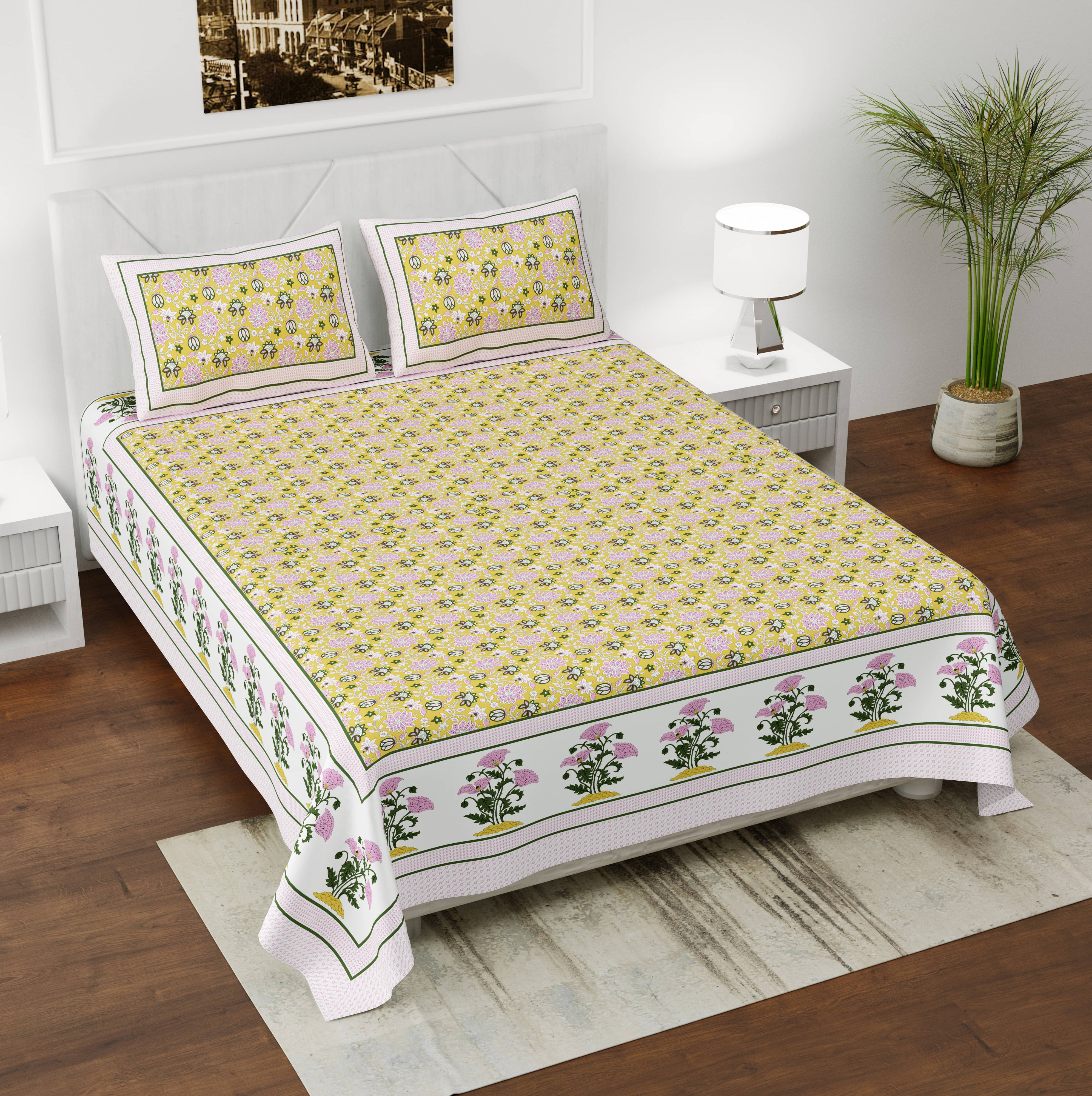 Navkaar Creation Cotton 1 Double Bedsheet with 2 Pillow Covers ( Yellow ) Navkaar Creation Cotton 1 Double Bedsheet with 2 Pillow Covers ( Yellow )