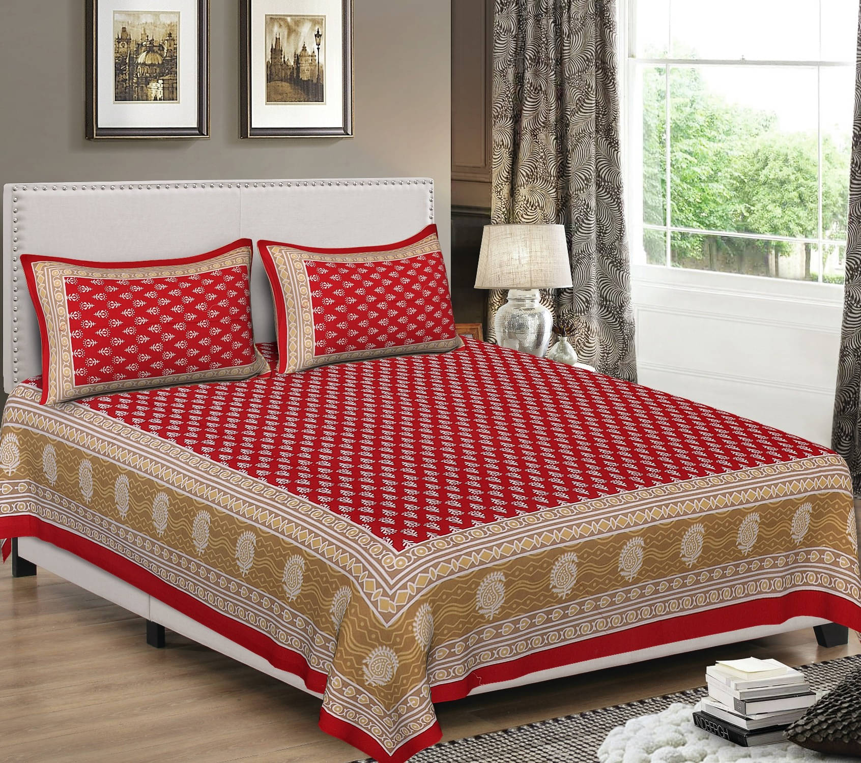     			Navkaar Creation Cotton 1 Double Bedsheet with 2 Pillow Covers ( Red )
