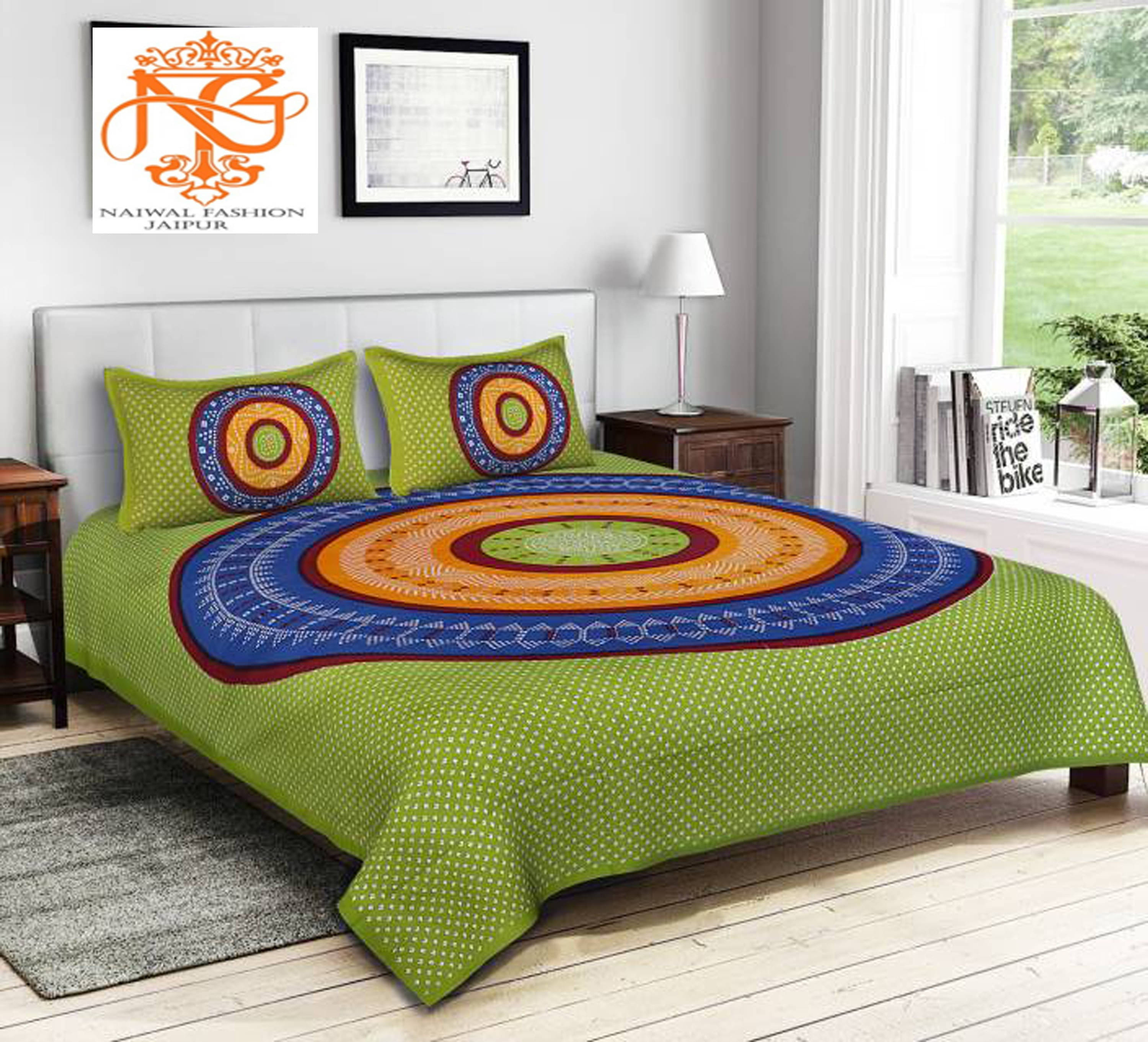     			Navkaar Creation Cotton 1 Double Bedsheet with 2 Pillow Covers ( Green )