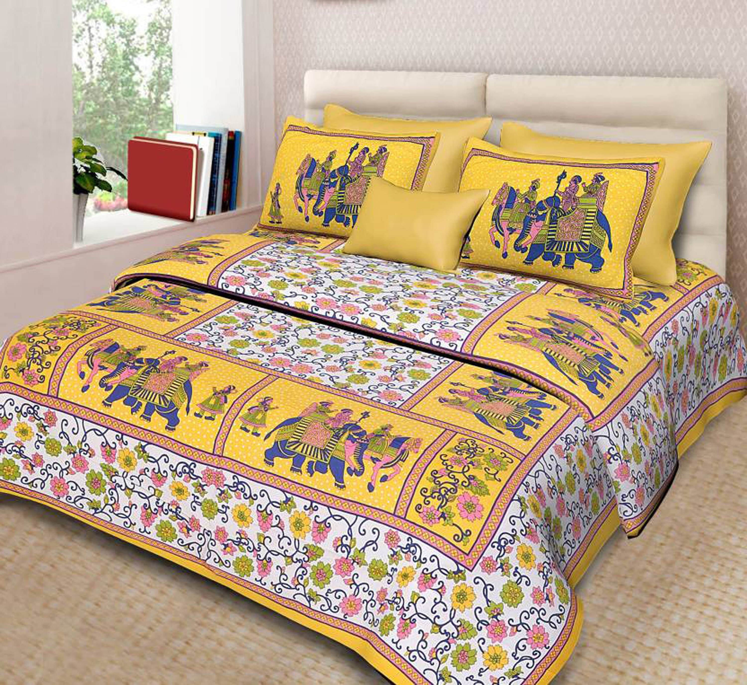     			Navkaar Creation Cotton 1 Double Bedsheet with 2 Pillow Covers ( Yellow )