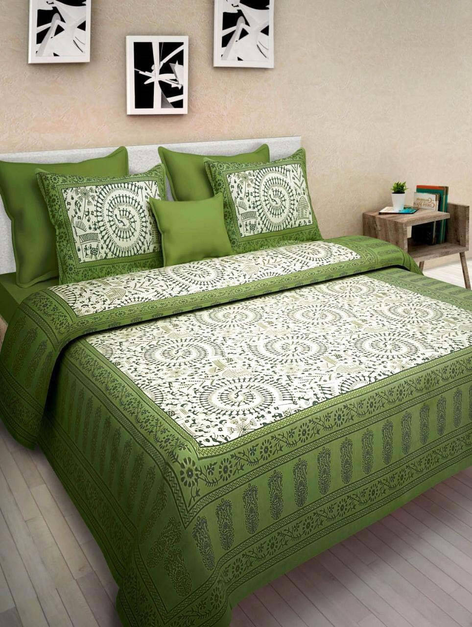     			Navkaar Creation Cotton 1 Double Bedsheet with 2 Pillow Covers ( Green )