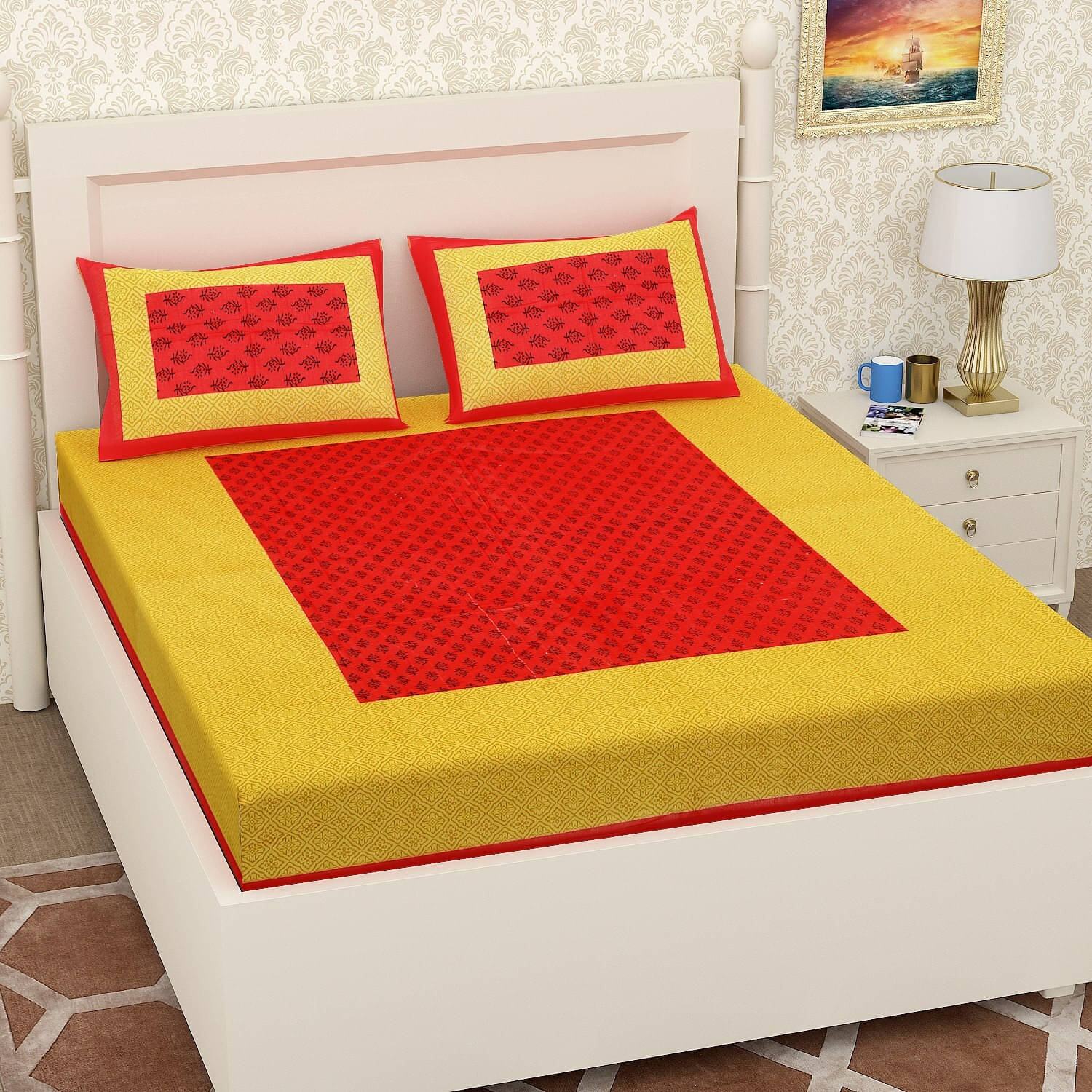     			Navkaar Creation Cotton 1 Double Bedsheet with 2 Pillow Covers ( Yellow )