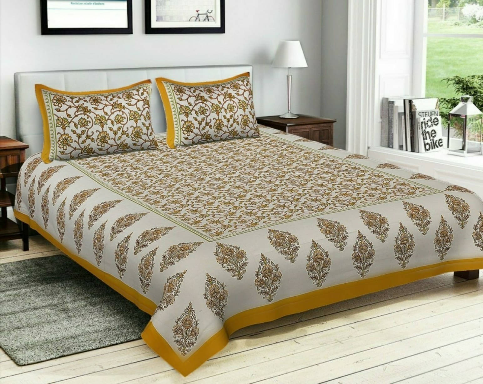     			Navkaar Creation Cotton 1 Double Bedsheet with 2 Pillow Covers ( Yellow )