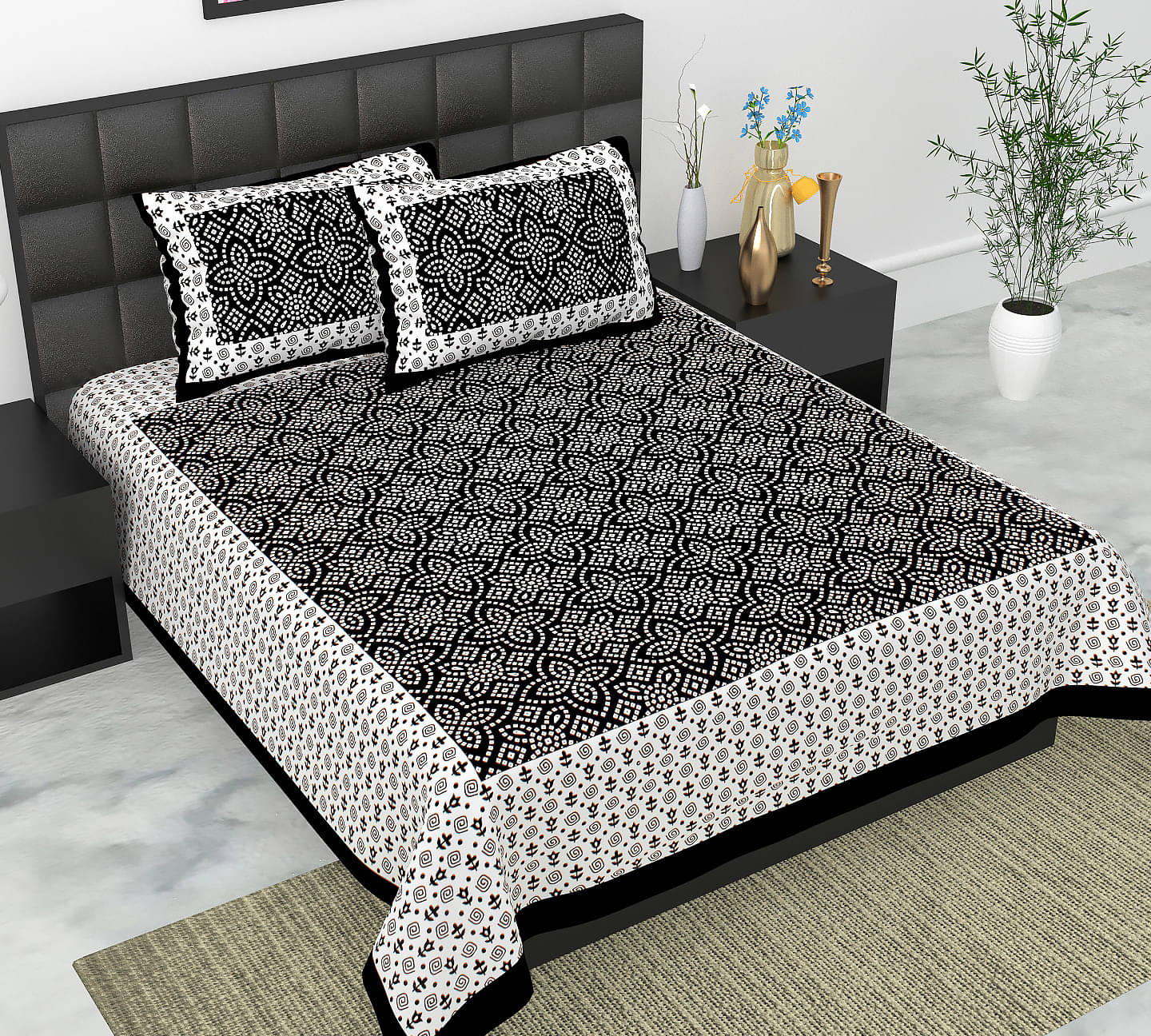     			Navkaar Creation Cotton 1 Double Bedsheet with 2 Pillow Covers ( Black )