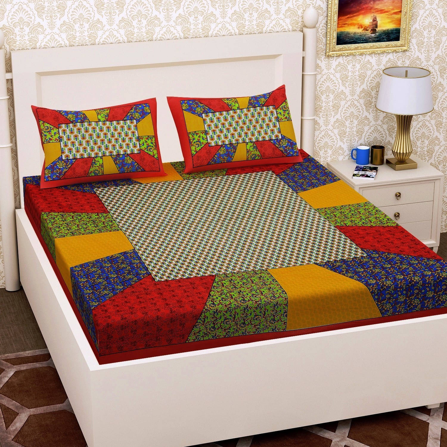     			Navkaar Creation Cotton 1 Double Bedsheet with 2 Pillow Covers ( Red )