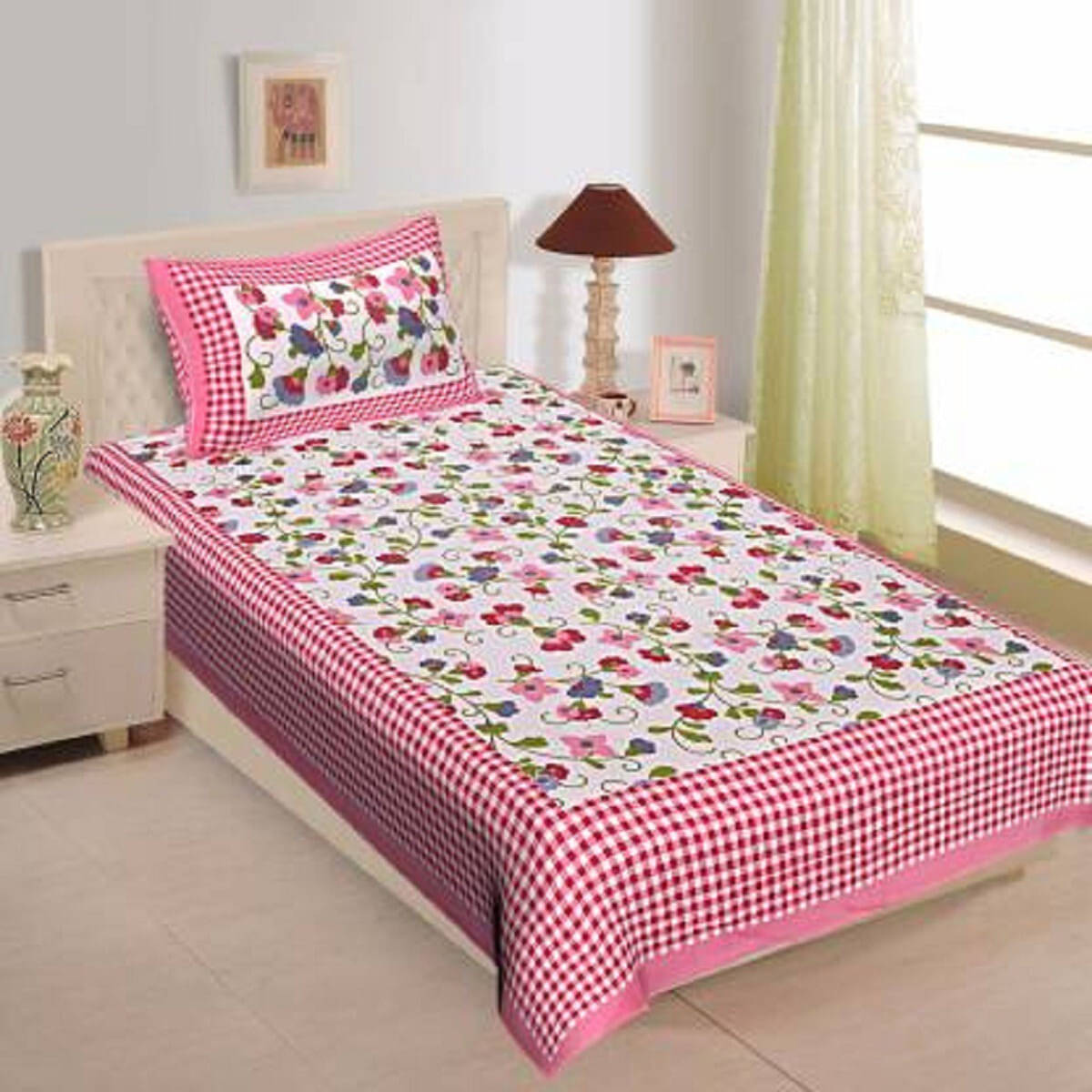 Navkaar Creation Cotton 1 Single Bedsheet with 1 Pillow Cover ( Pink ) Navkaar Creation Cotton 1 Single Bedsheet with 1 Pillow Cover ( Pink )