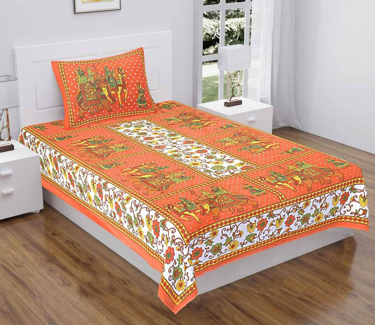     			Navkaar Creation Cotton 1 Single Bedsheet with 1 Pillow Cover ( Orange )