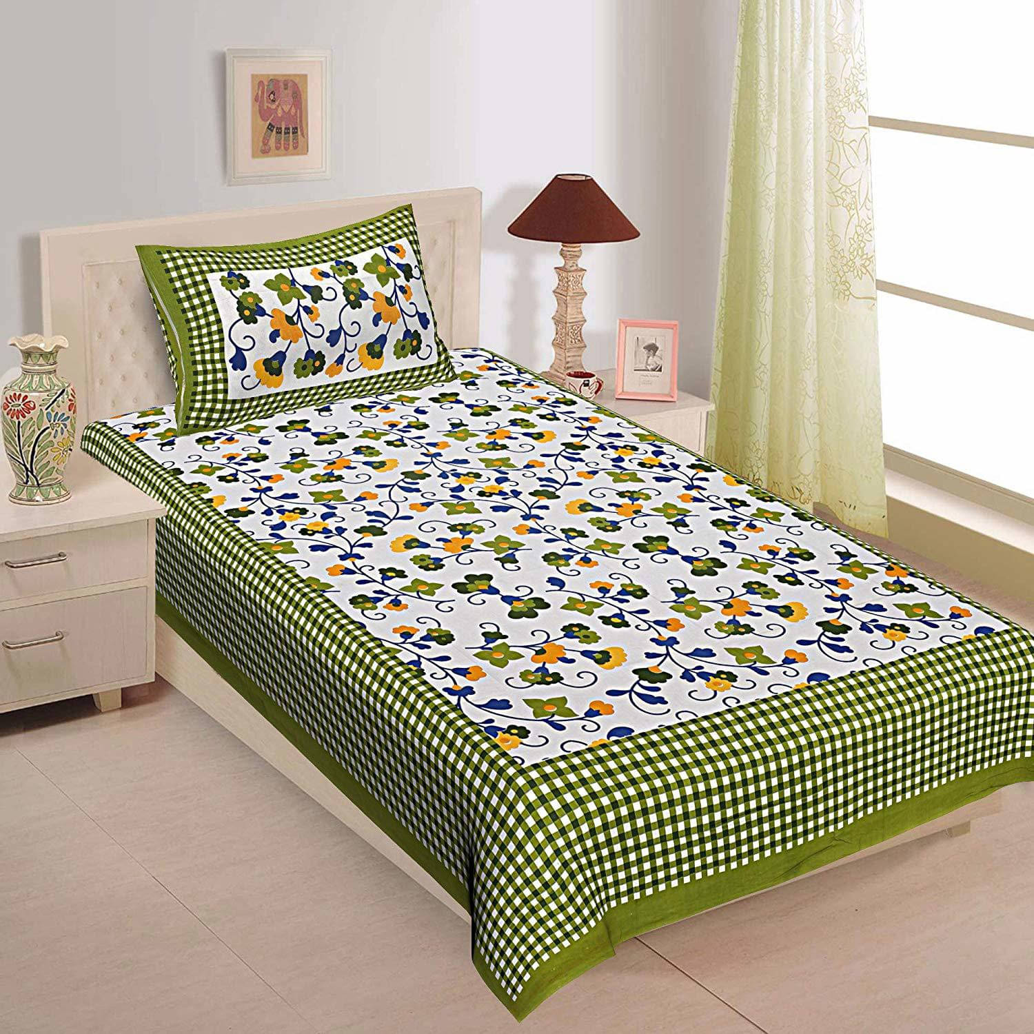 Navkaar Creation Cotton 1 Single Bedsheet with 1 Pillow Cover ( Green ) Navkaar Creation Cotton 1 Single Bedsheet with 1 Pillow Cover ( Green )