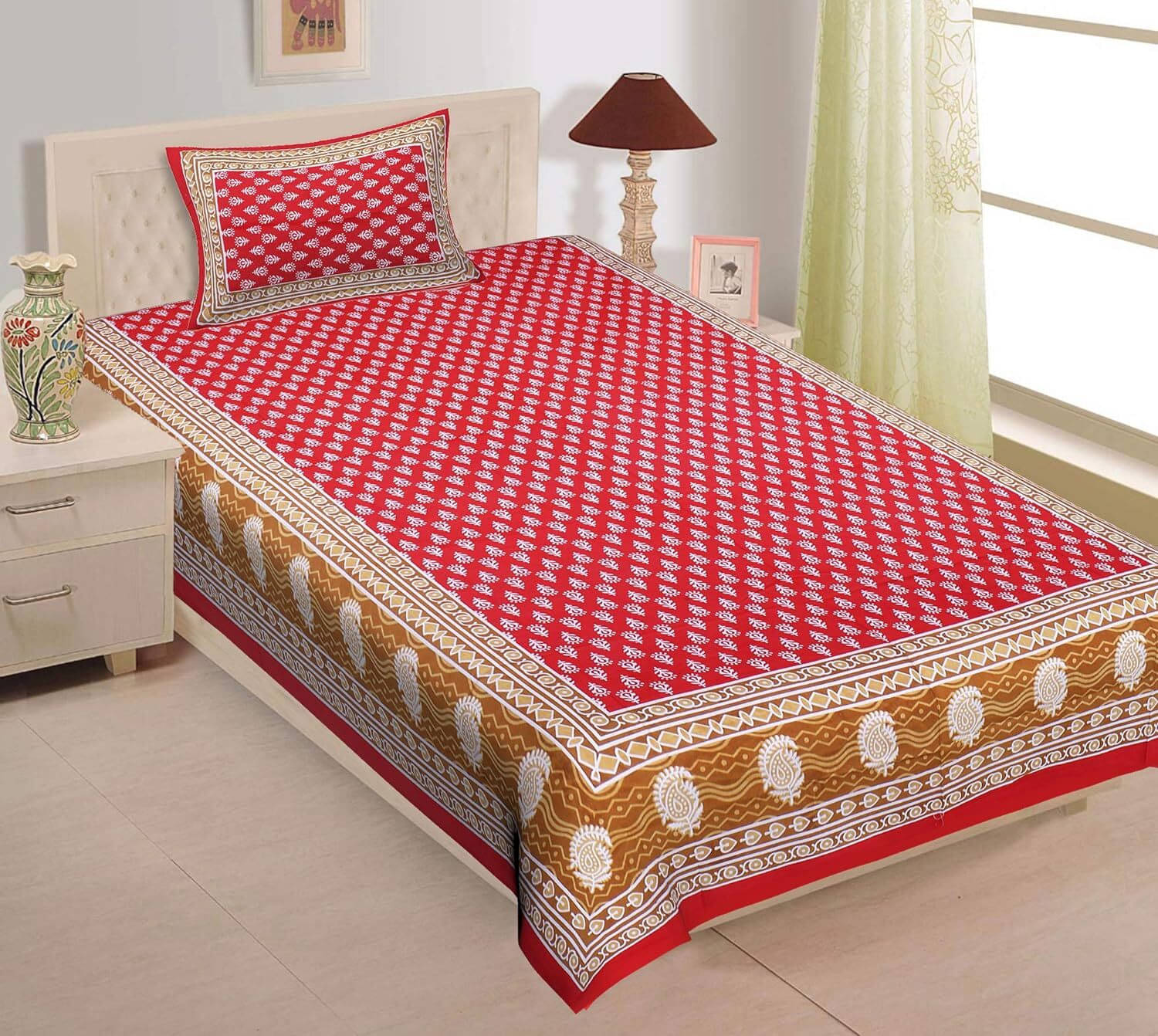 Navkaar Creation Cotton 1 Single Bedsheet with 1 Pillow Cover ( Red ) Navkaar Creation Cotton 1 Single Bedsheet with 1 Pillow Cover ( Red )