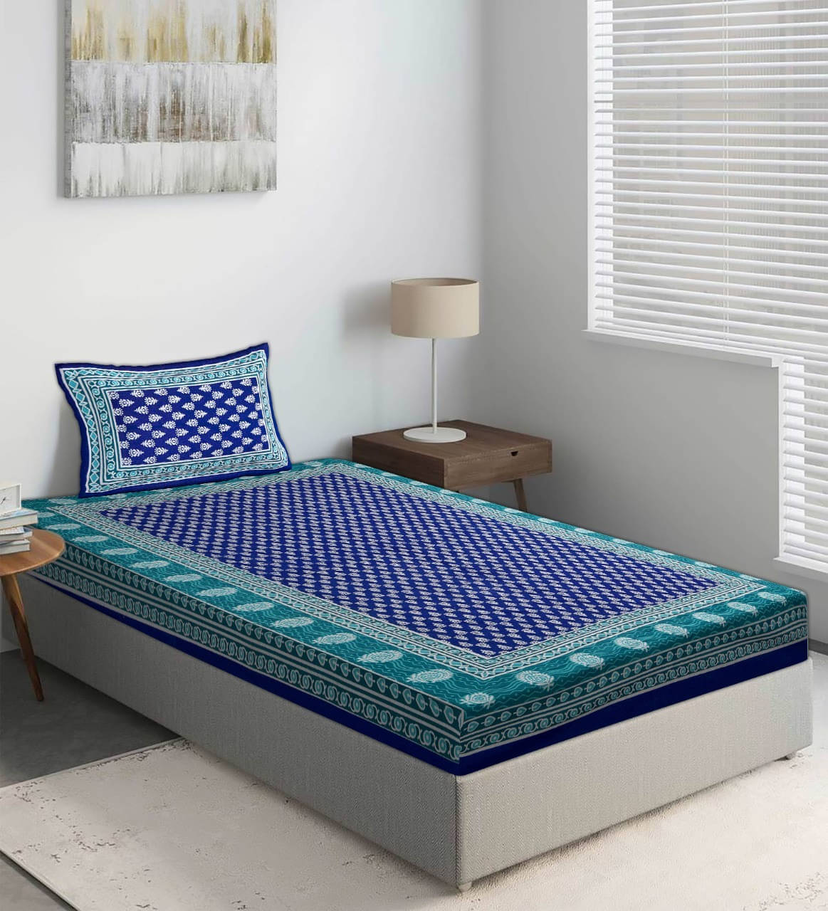     			Navkaar Creation Cotton 1 Single Bedsheet with 1 Pillow Cover ( Blue )