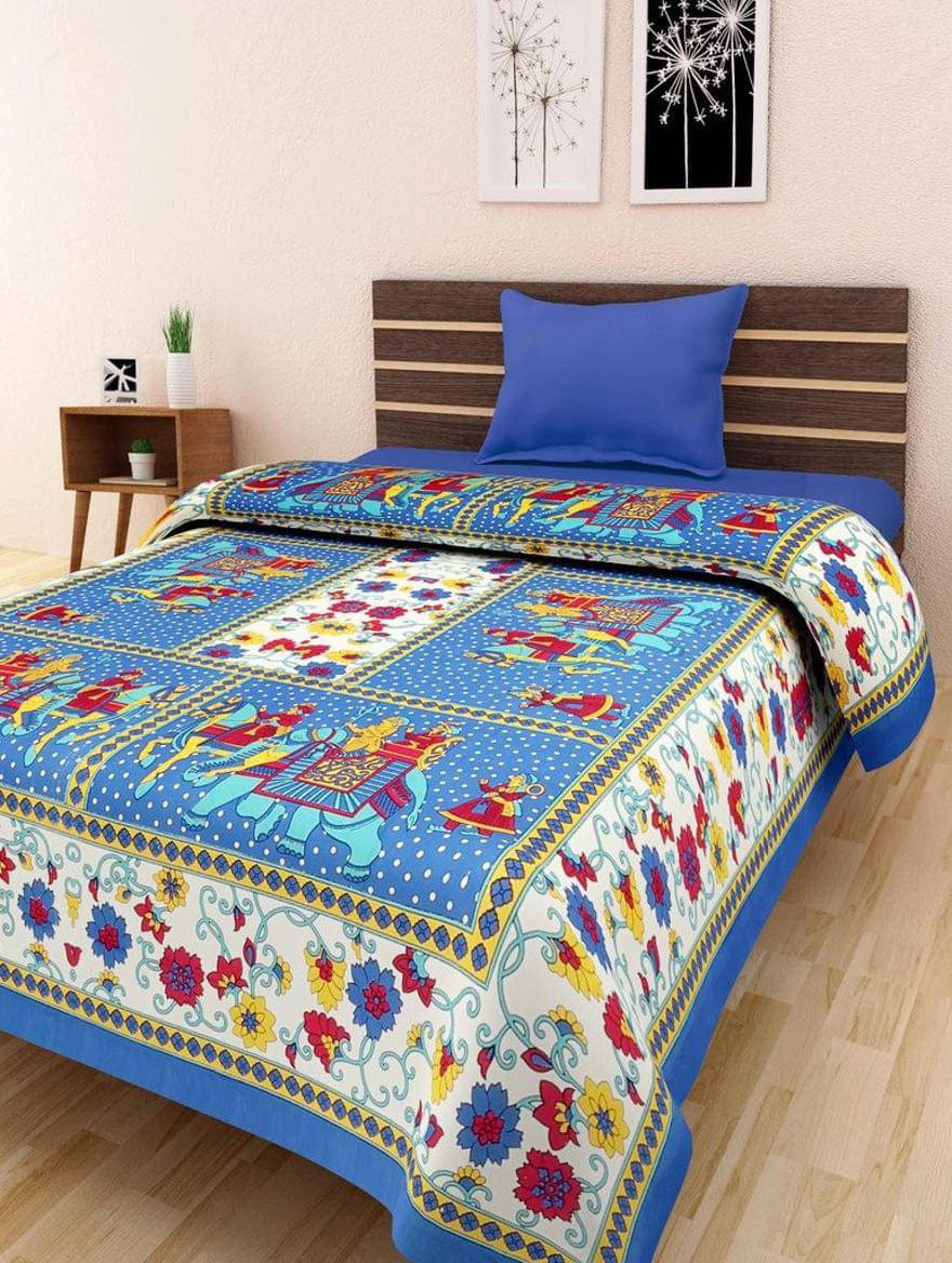     			Navkaar Creation Cotton 1 Single Bedsheet with 1 Pillow Cover ( Blue )