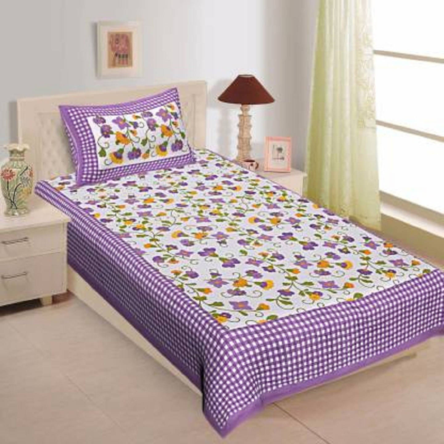 Navkaar Creation Cotton 1 Single Bedsheet with 1 Pillow Cover ( Purple )     			Navkaar Creation Cotton 1 Single Bedsheet with 1 Pillow Cover ( Purple )