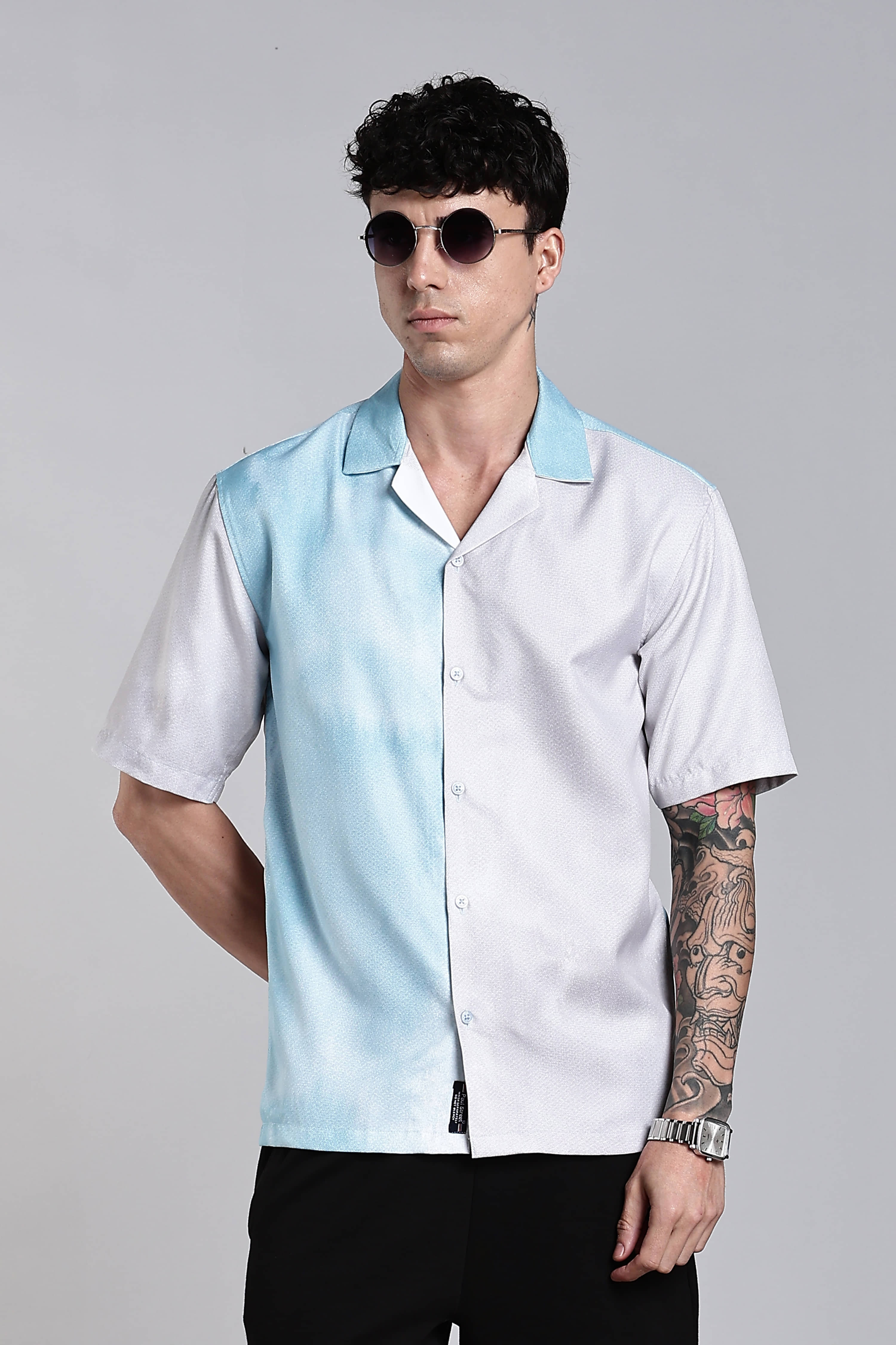 Paul Street Cotton Blend Boxy Dyed Half Sleeves Cuban Collar Men's Casual Shirt (Blue)