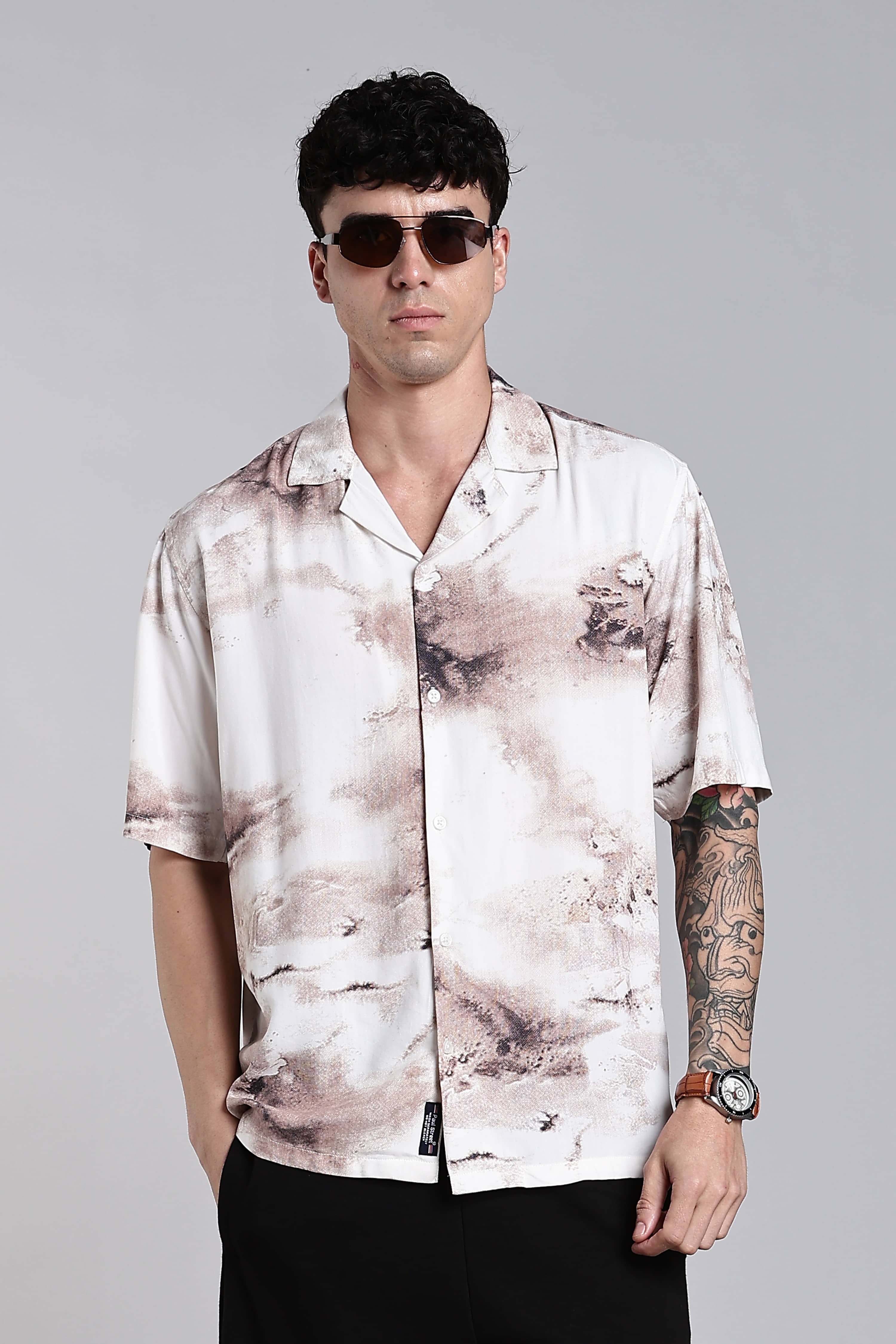 Paul Street Rayon Boxy Printed Half Sleeves Cuban Collar Men's Casual Shirt (Beige)