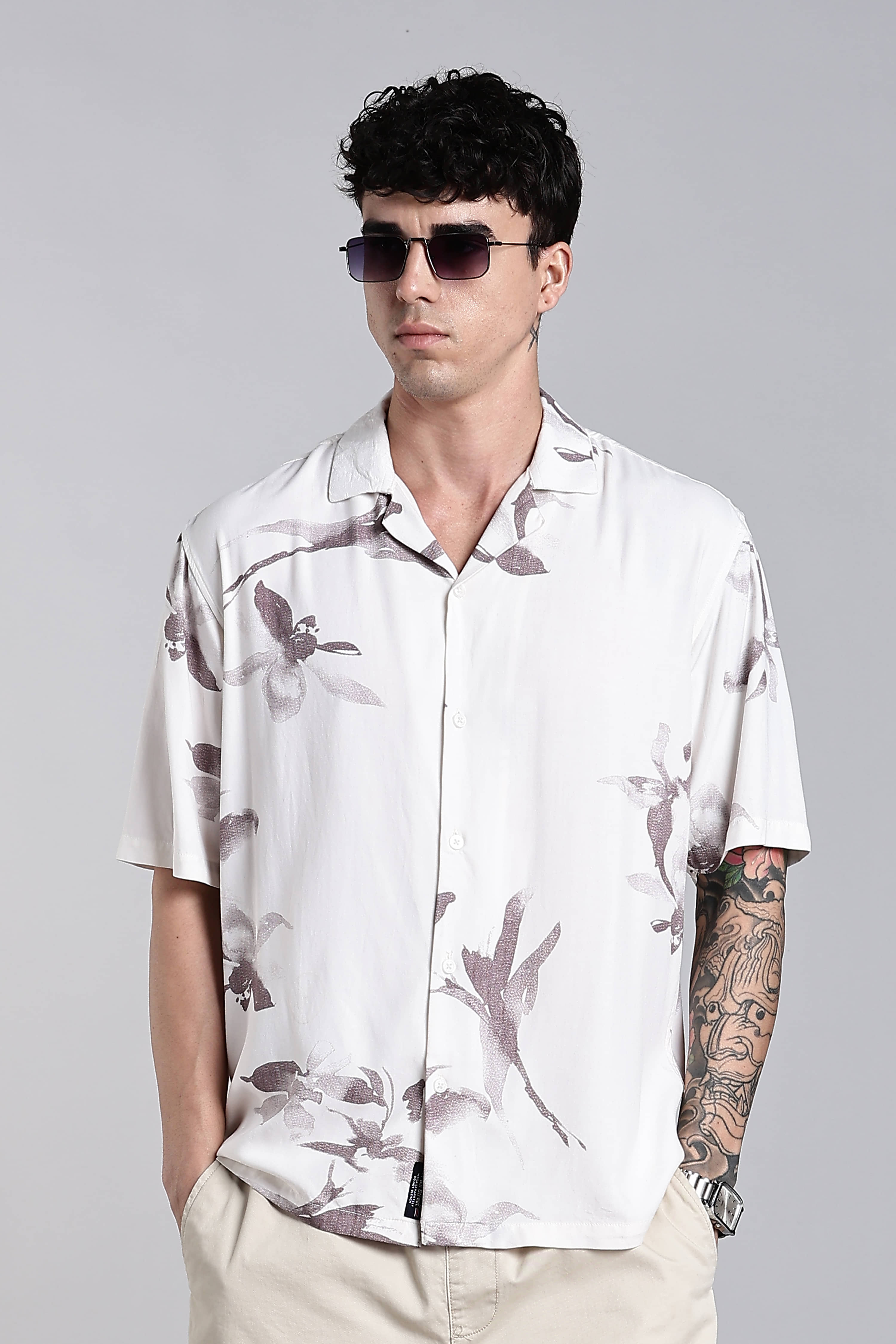 Paul Street Rayon Boxy Printed Half Sleeves Cuban Collar Men's Casual Shirt (Beige)