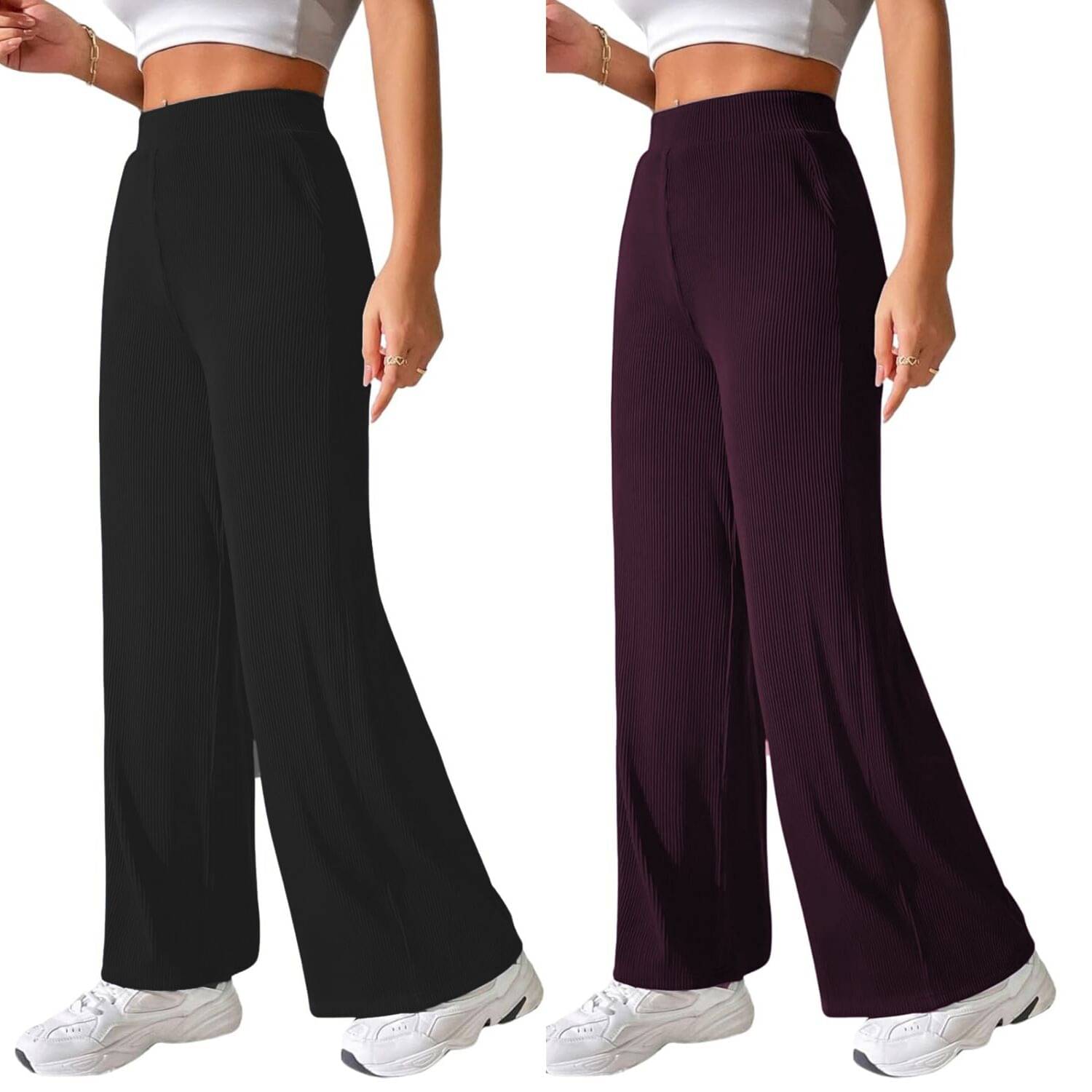     			Qyaas Pack of 2 Lycra Straight Women's Formal Pants ( Black,Wine )