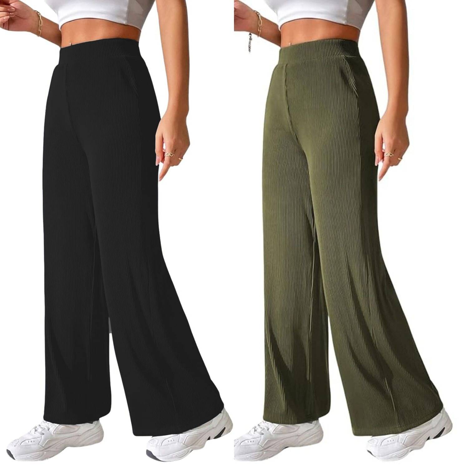     			Qyaas Pack of 2 Lycra Straight Women's Formal Pants ( Black,Olive )