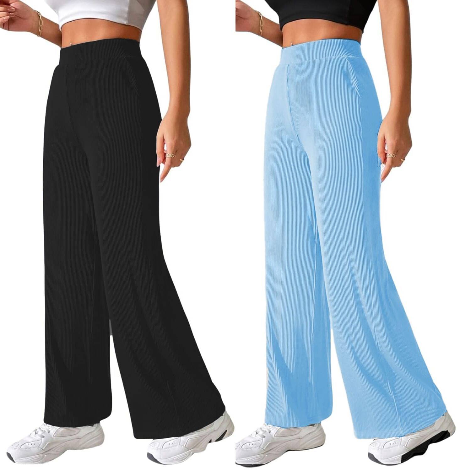     			Qyaas Women Knitted Formal Pants ( Black,Light Blue )