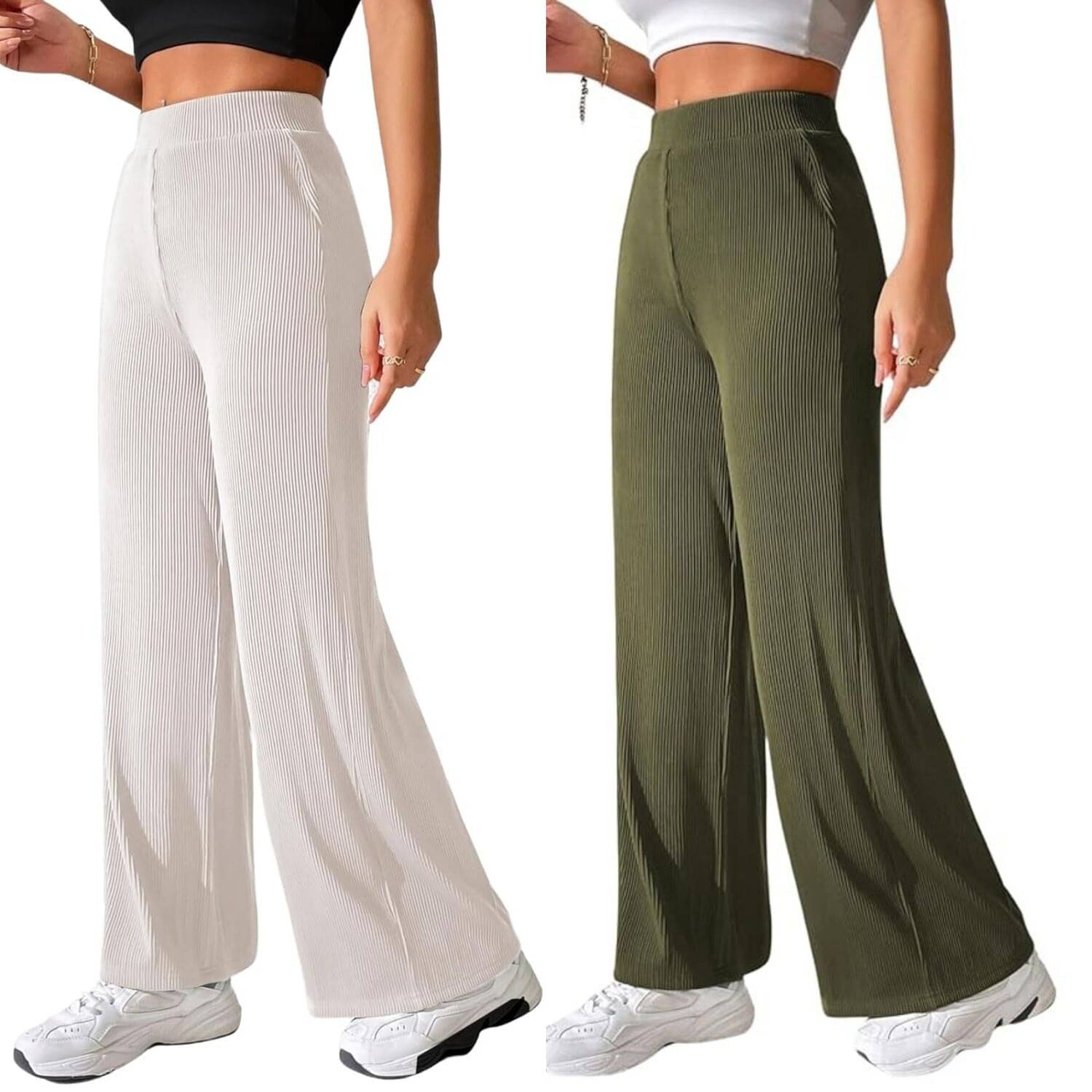     			Qyaas Pack of 2 Lycra Straight Women's Formal Pants ( White,Olive )