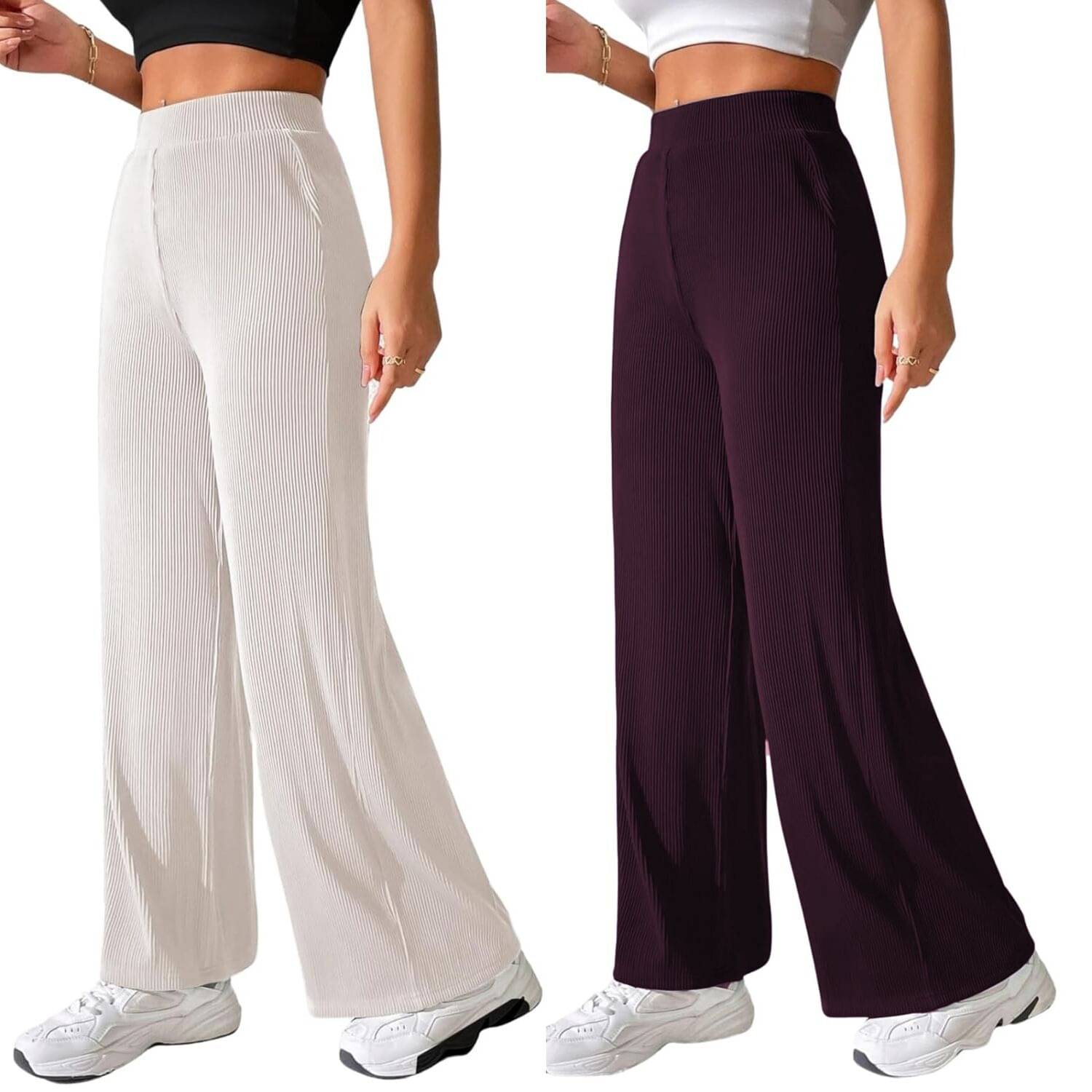     			Qyaas Pack of 2 Lycra Straight Women's Formal Pants ( White,Wine )
