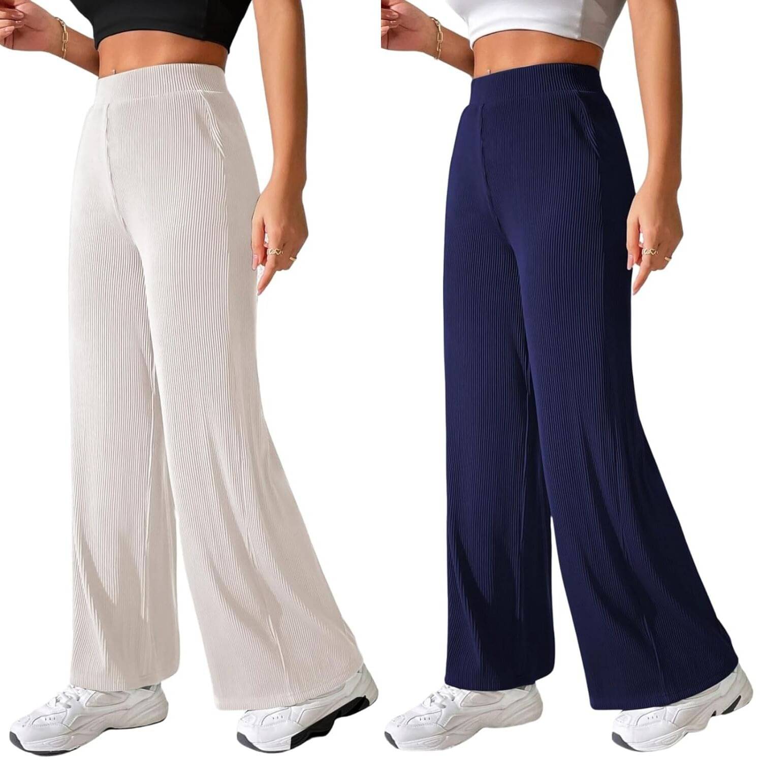     			Qyaas Pack of 2 Lycra Straight Women's Formal Pants ( White,Navy Blue )