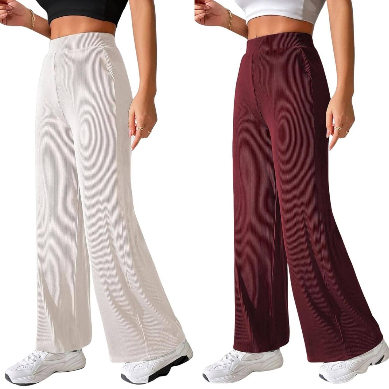     			Qyaas Pack of 2 Lycra Straight Women's Formal Pants ( White,Maroon )
