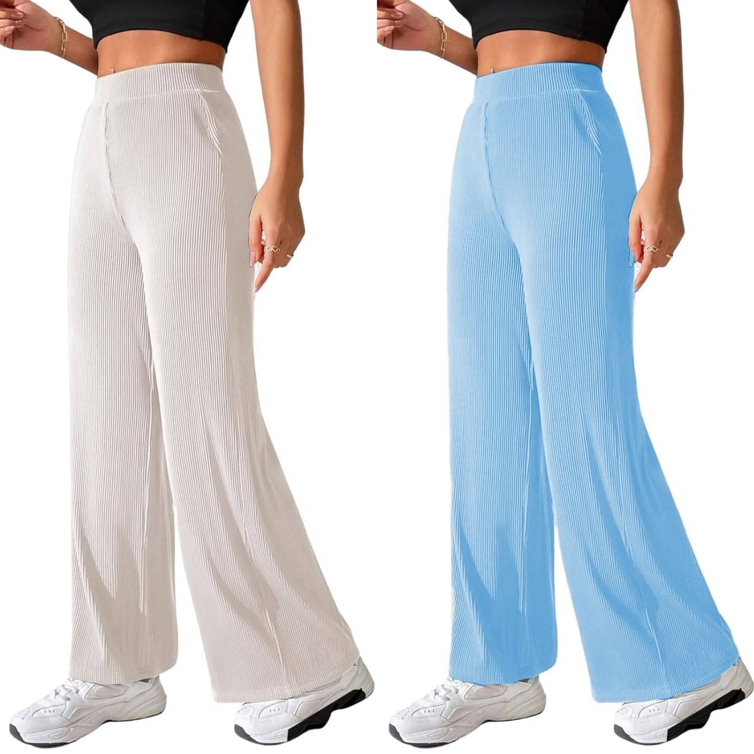    			Qyaas Pack of 2 Lycra Straight Women's Formal Pants ( White,Light Blue )