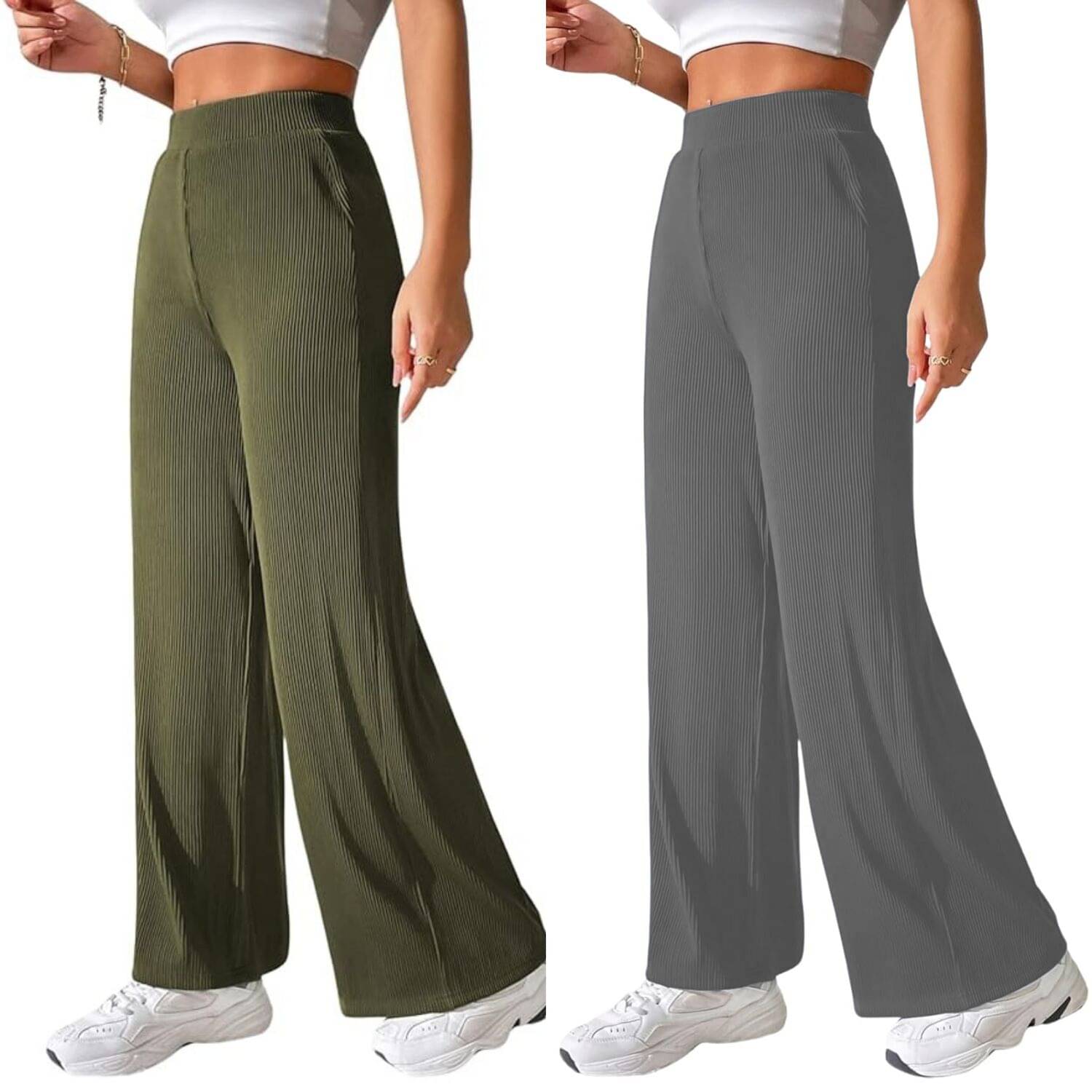     			Qyaas Pack of 2 Lycra Straight Women's Casual Pants ( Olive,Dark Grey )