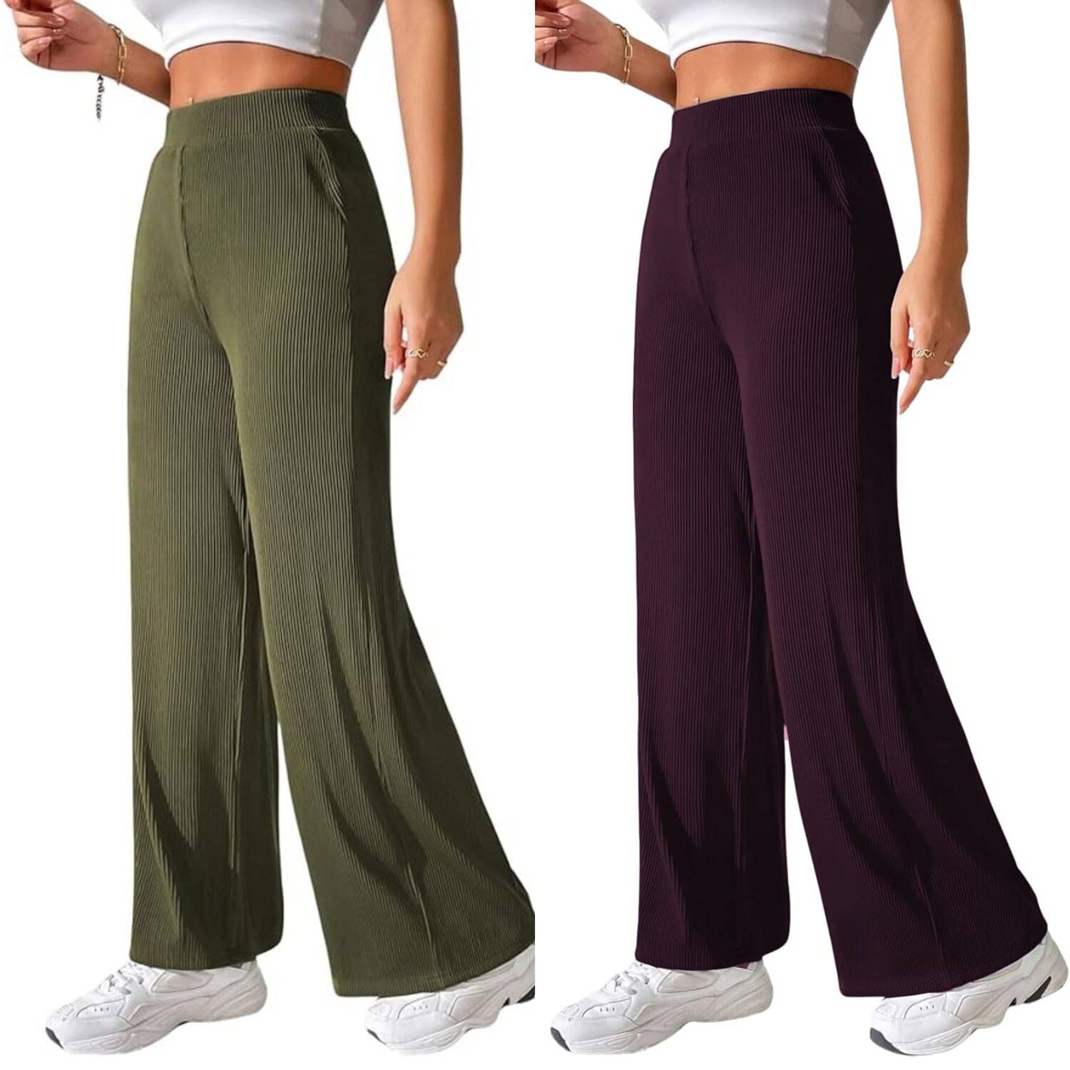     			Qyaas Pack of 2 Lycra Straight Women's Casual Pants ( Olive,Wine )