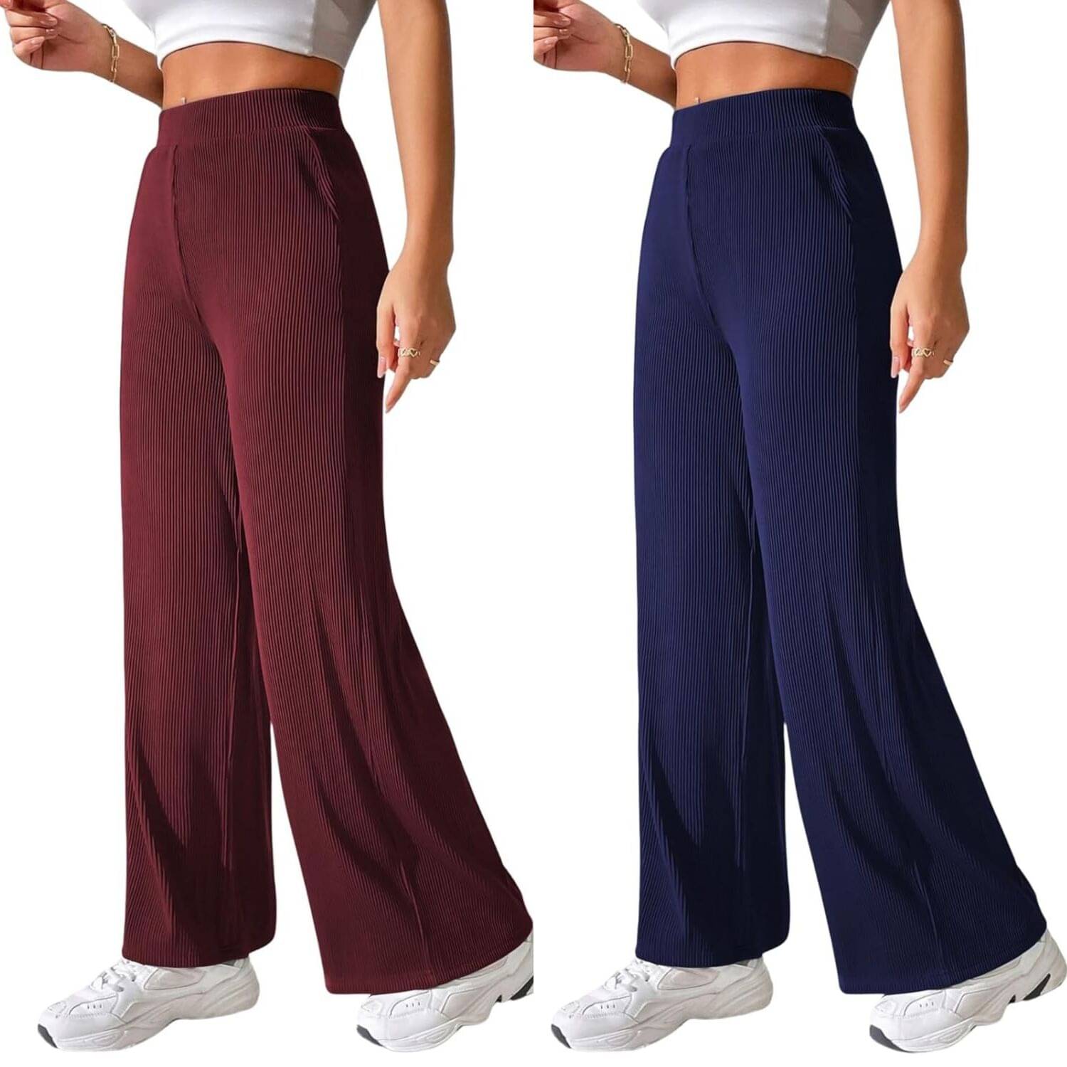     			Qyaas Pack of 2 Lycra Straight Women's Casual Pants ( Maroon,Navy Blue )