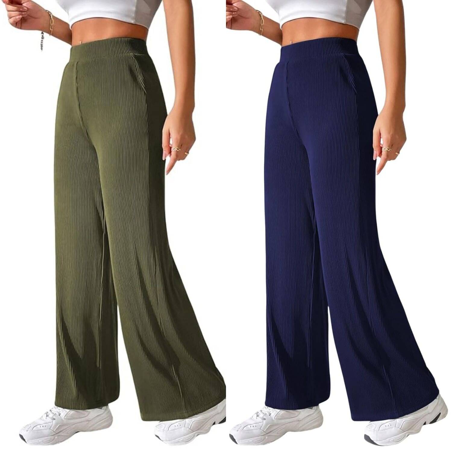     			Qyaas Pack of 2 Lycra Straight Women's Casual Pants ( Olive,Navy Blue )