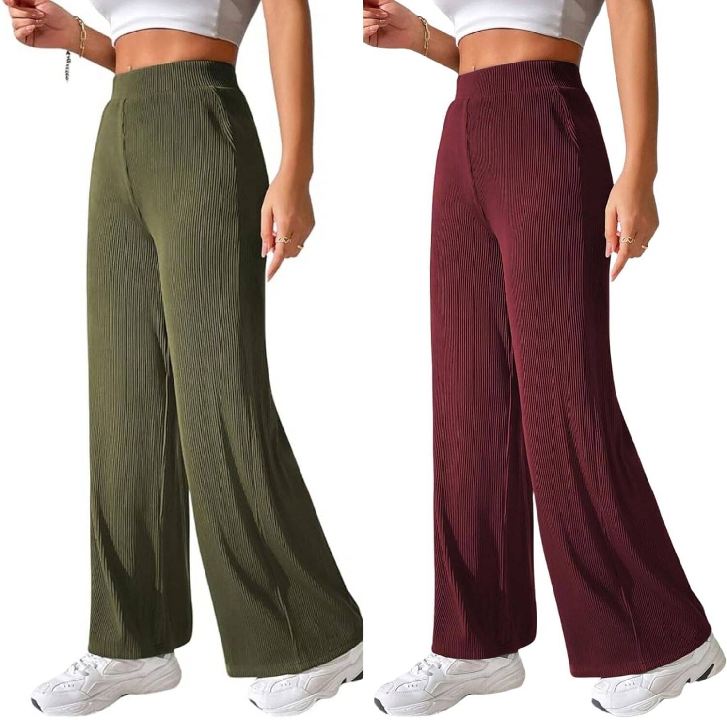     			Qyaas Pack of 2 Lycra Straight Women's Casual Pants ( Olive,Maroon )