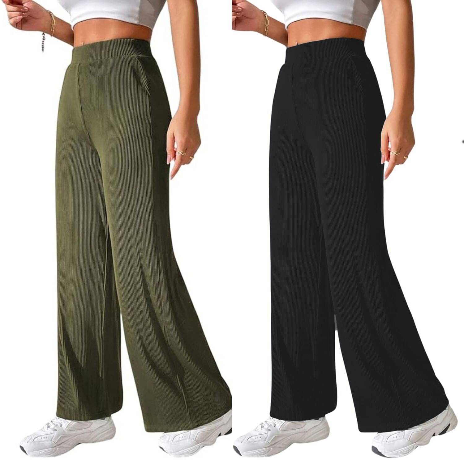     			Qyaas Pack of 2 Lycra Straight Women's Casual Pants ( Olive,Black )