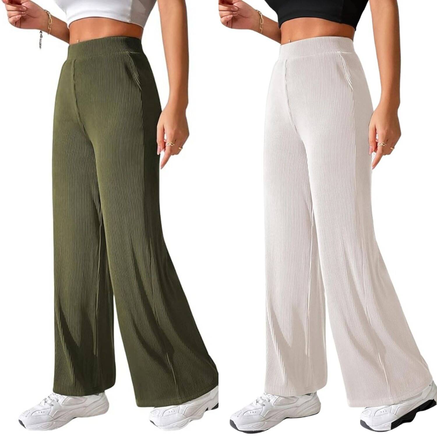    			Qyaas Pack of 2 Lycra Straight Women's Casual Pants ( Olive,White )
