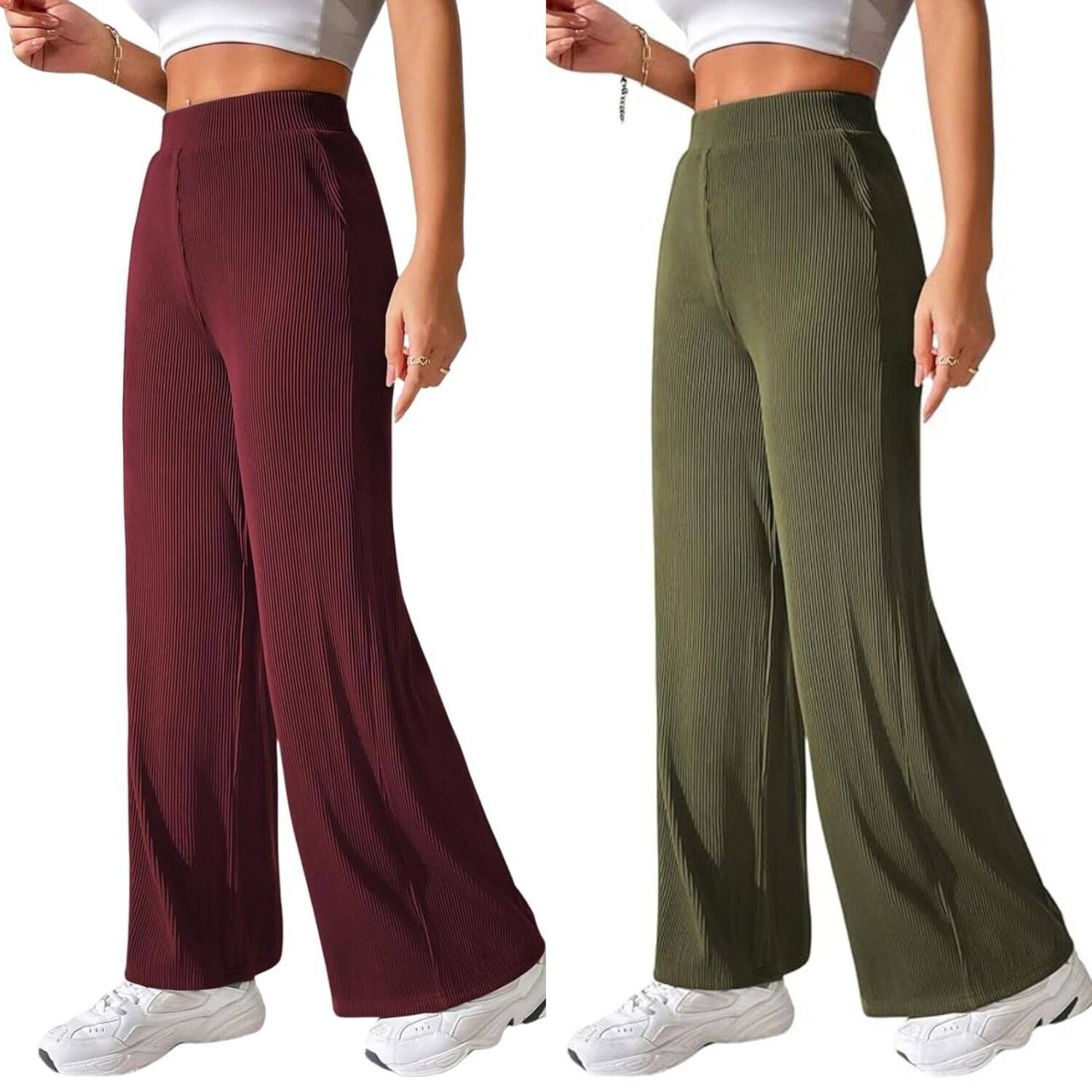     			Qyaas Pack of 2 Lycra Straight Women's Casual Pants ( Maroon,Olive )