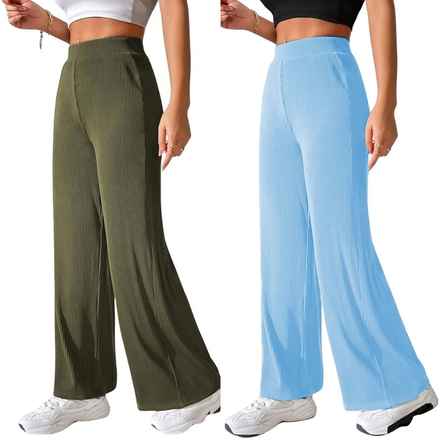     			Qyaas Pack of 2 Lycra Straight Women's Casual Pants ( Olive,Light Blue )