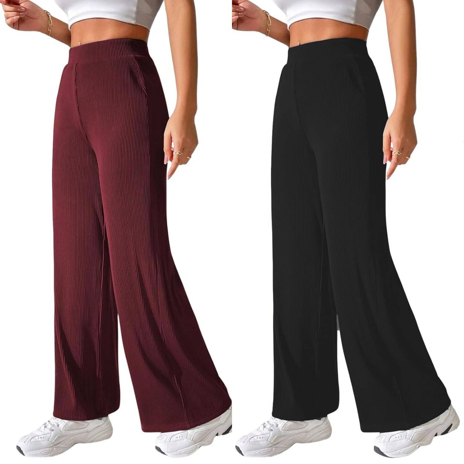     			Qyaas Pack of 2 Lycra Straight Women's Casual Pants ( Maroon,Black )