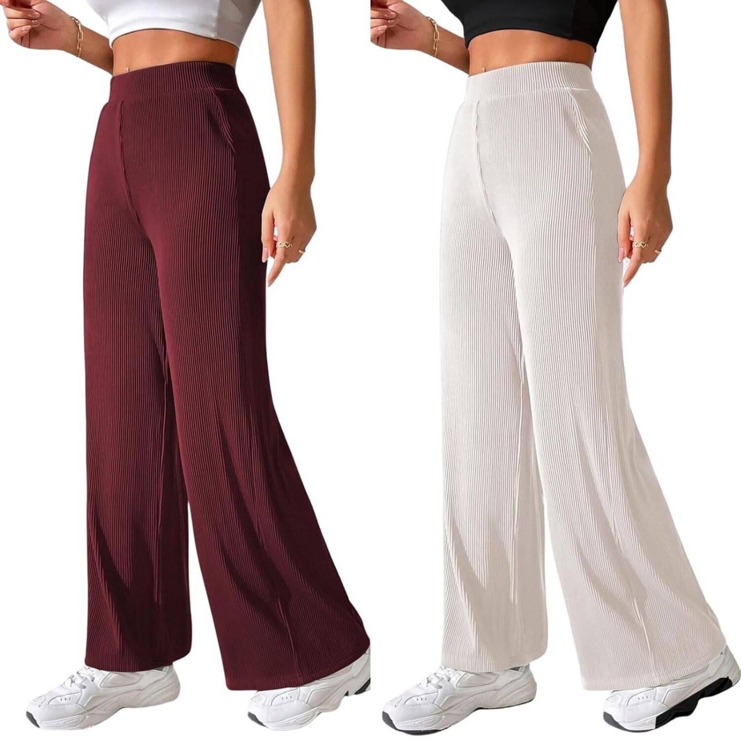     			Qyaas Pack of 2 Lycra Straight Women's Casual Pants ( Maroon,White )