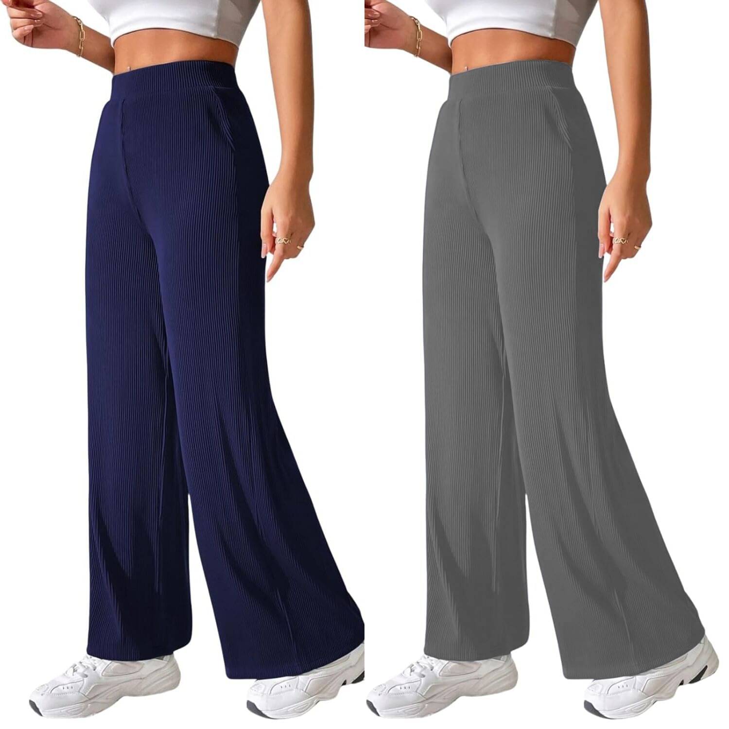     			Qyaas Pack of 2 Lycra Straight Women's Casual Pants ( Navy Blue,Dark Grey )