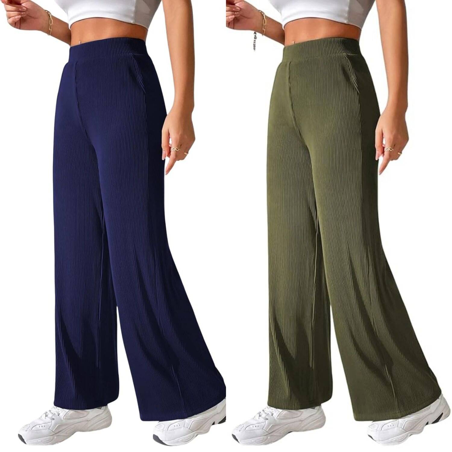    			Qyaas Pack of 2 Lycra Straight Women's Casual Pants ( Navy Blue,Olive )