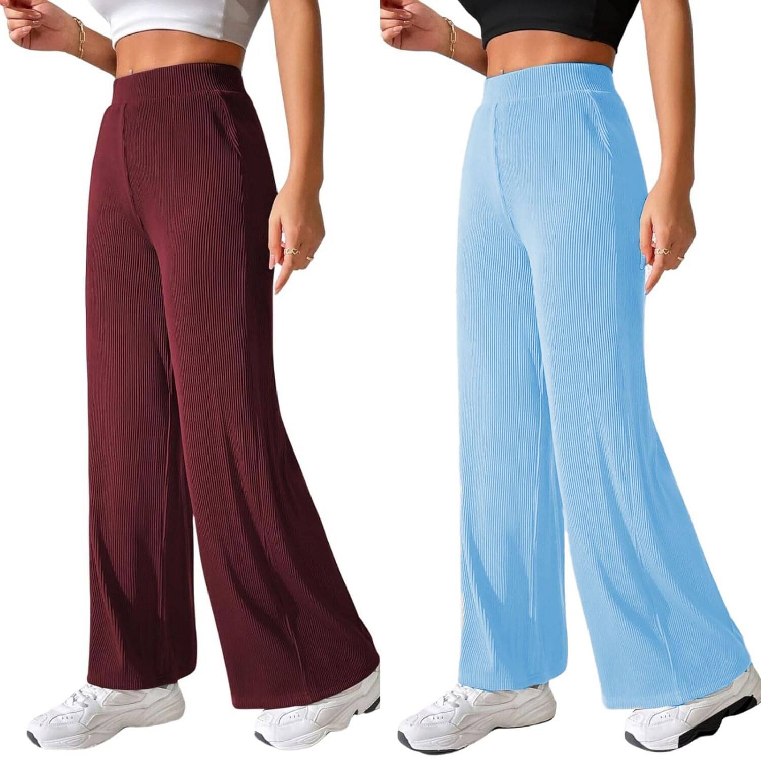     			Qyaas Pack of 2 Lycra Straight Women's Casual Pants ( Maroon,Light Blue )