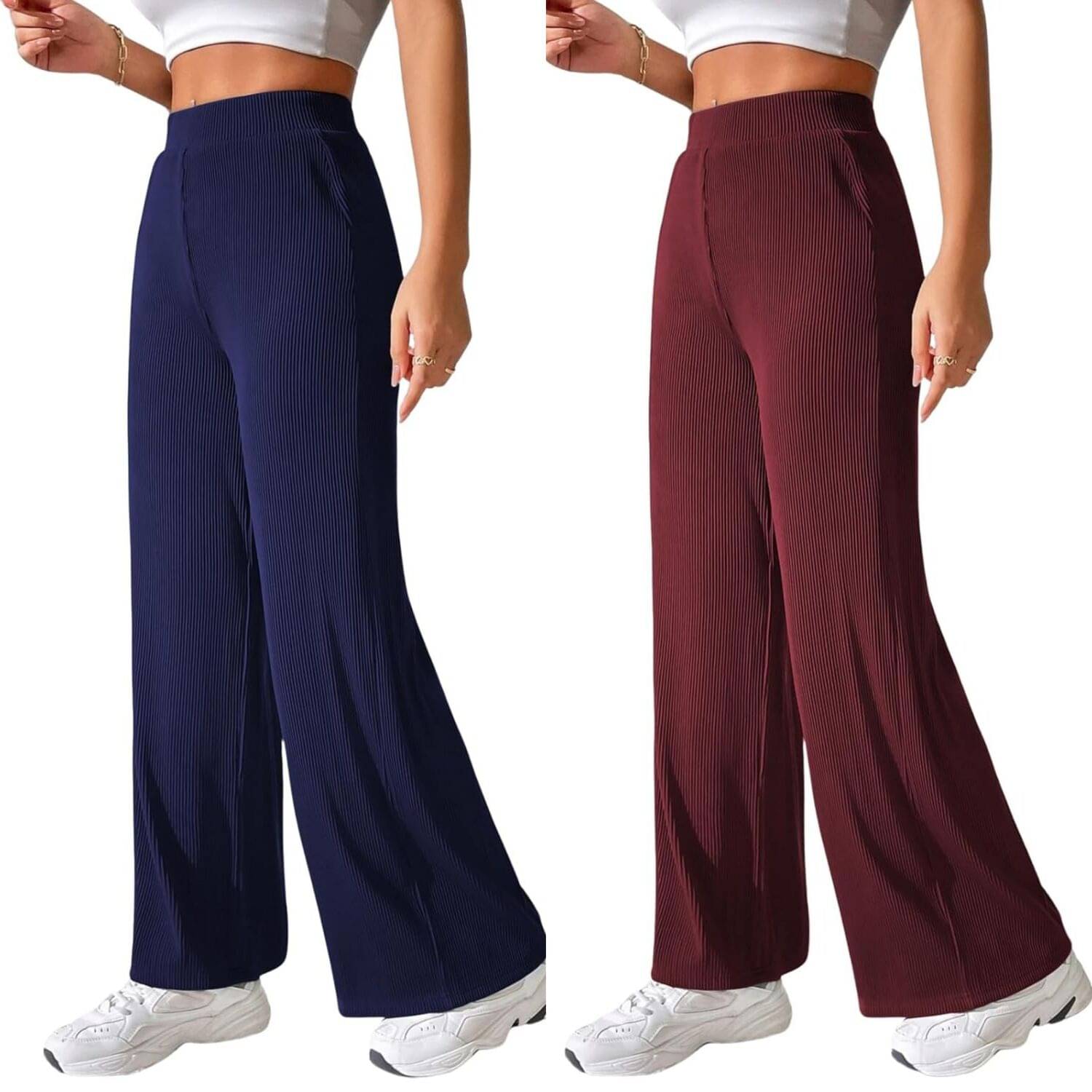    			Qyaas Pack of 2 Lycra Straight Women's Casual Pants ( Navy Blue,Maroon )