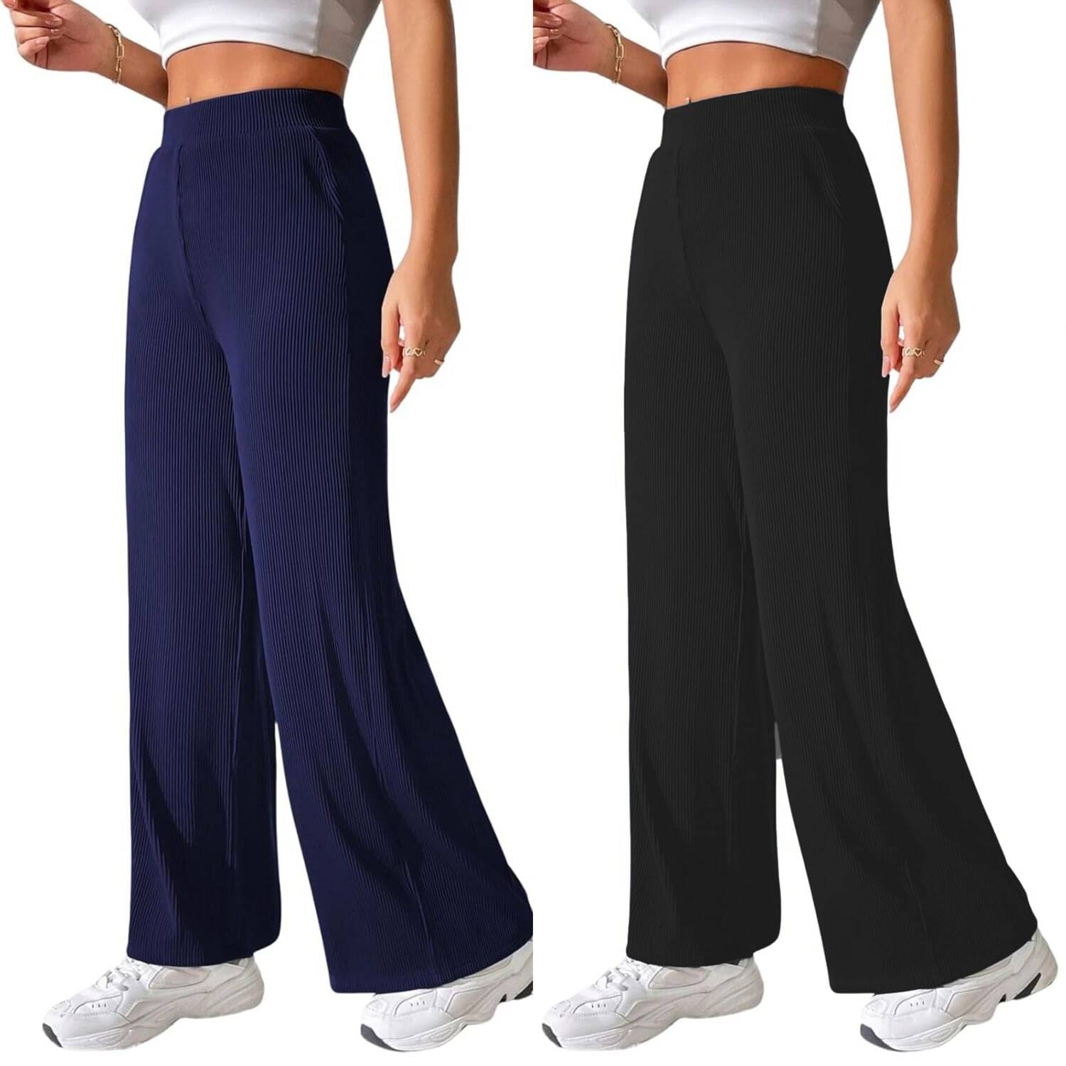     			Qyaas Pack of 2 Lycra Straight Women's Casual Pants ( Navy Blue,Black )