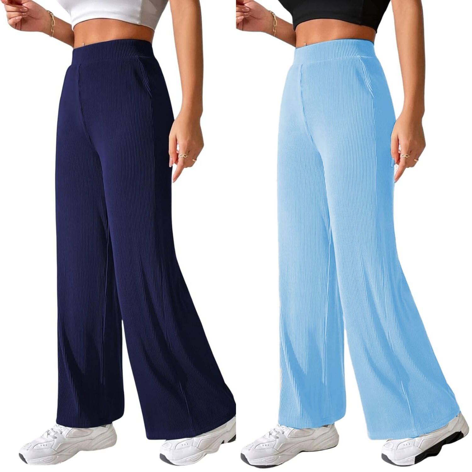     			Qyaas Pack of 2 Lycra Straight Women's Casual Pants ( Navy Blue,Light Blue )